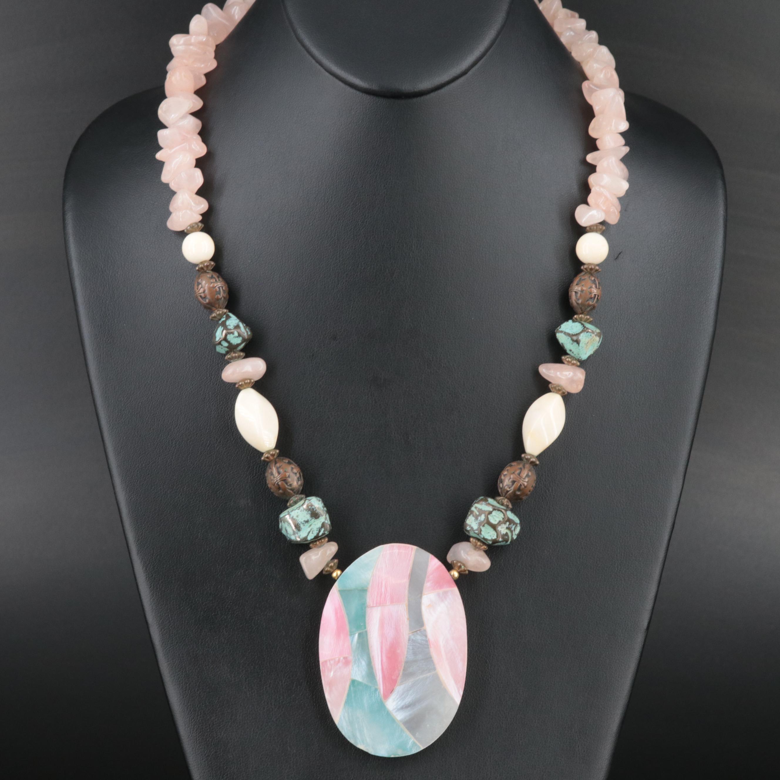 Rose Quartz, Mother-Of-Pearl and Agate Necklace