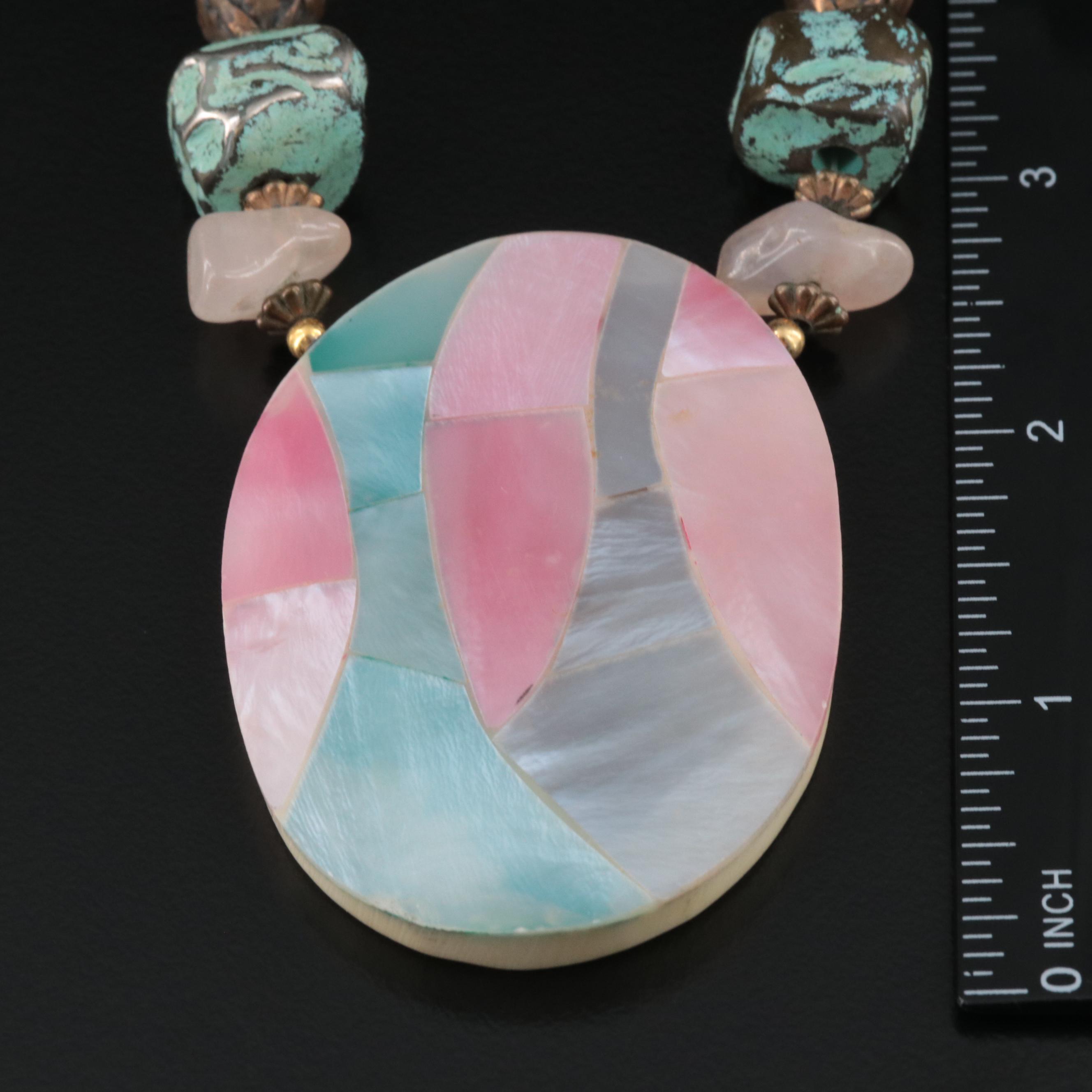 Rose Quartz, Mother-Of-Pearl and Agate Necklace