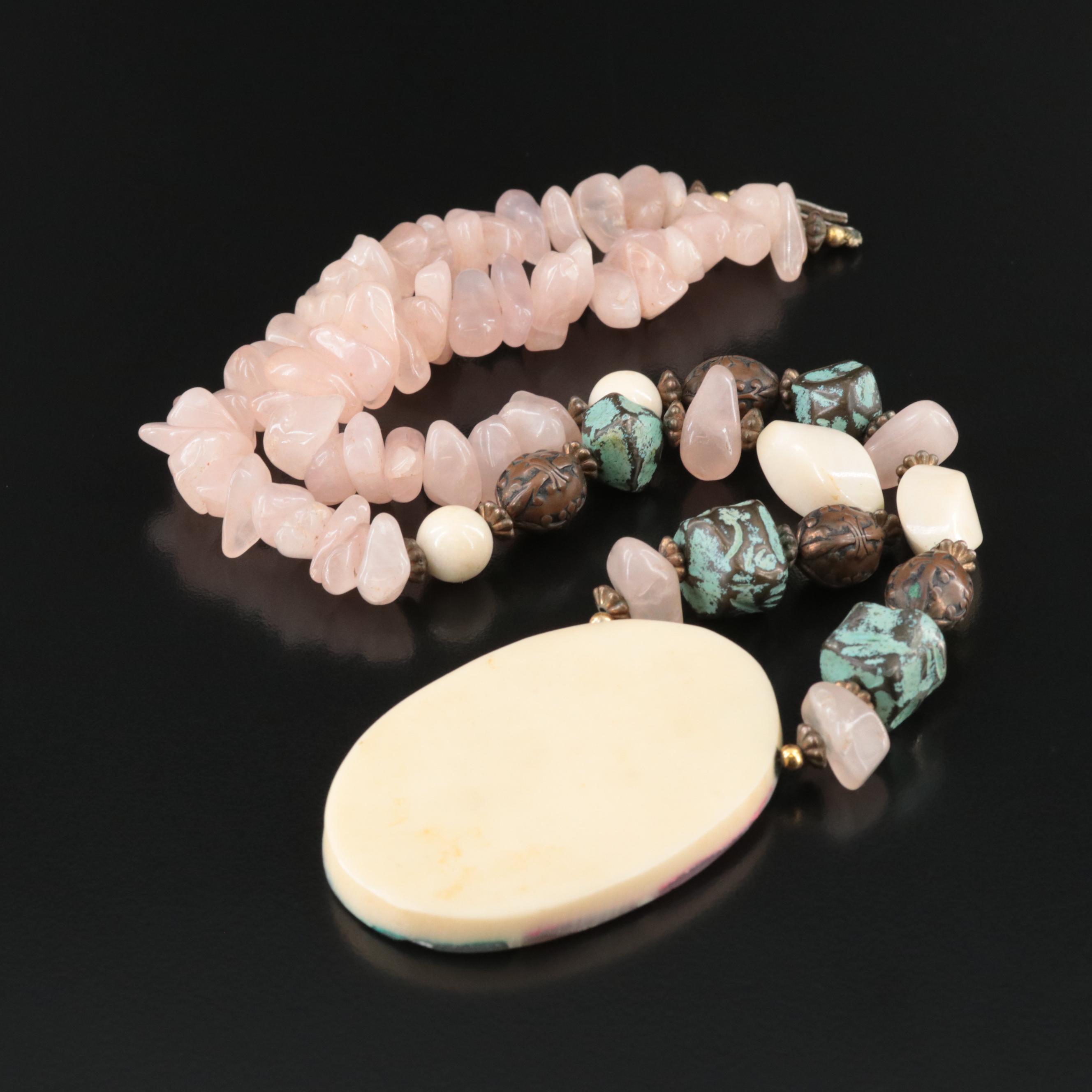 Rose Quartz, Mother-Of-Pearl and Agate Necklace