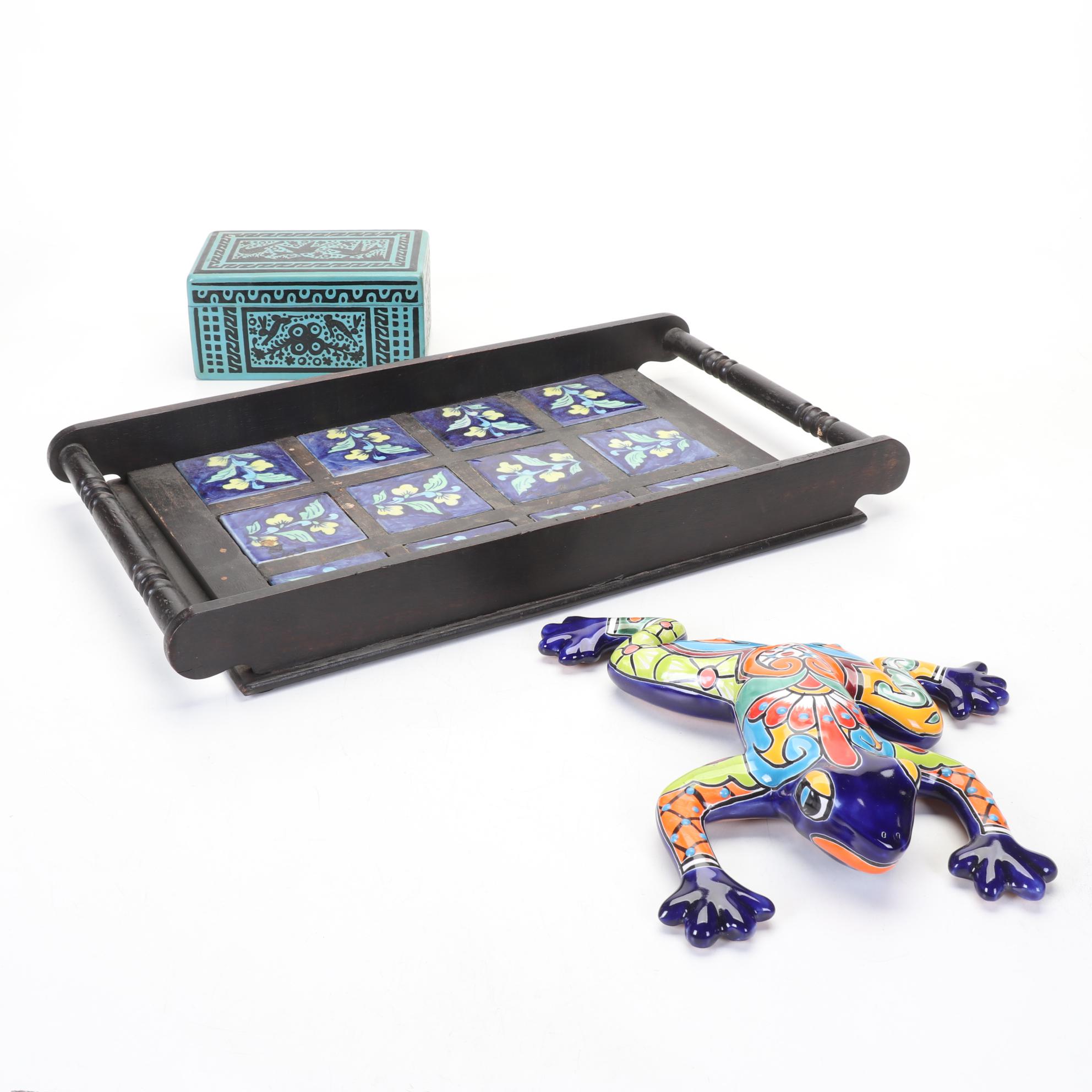 Mexico Decor Features Talavera Frog Wall Hanger, Folk Art Box & Tiled Tray