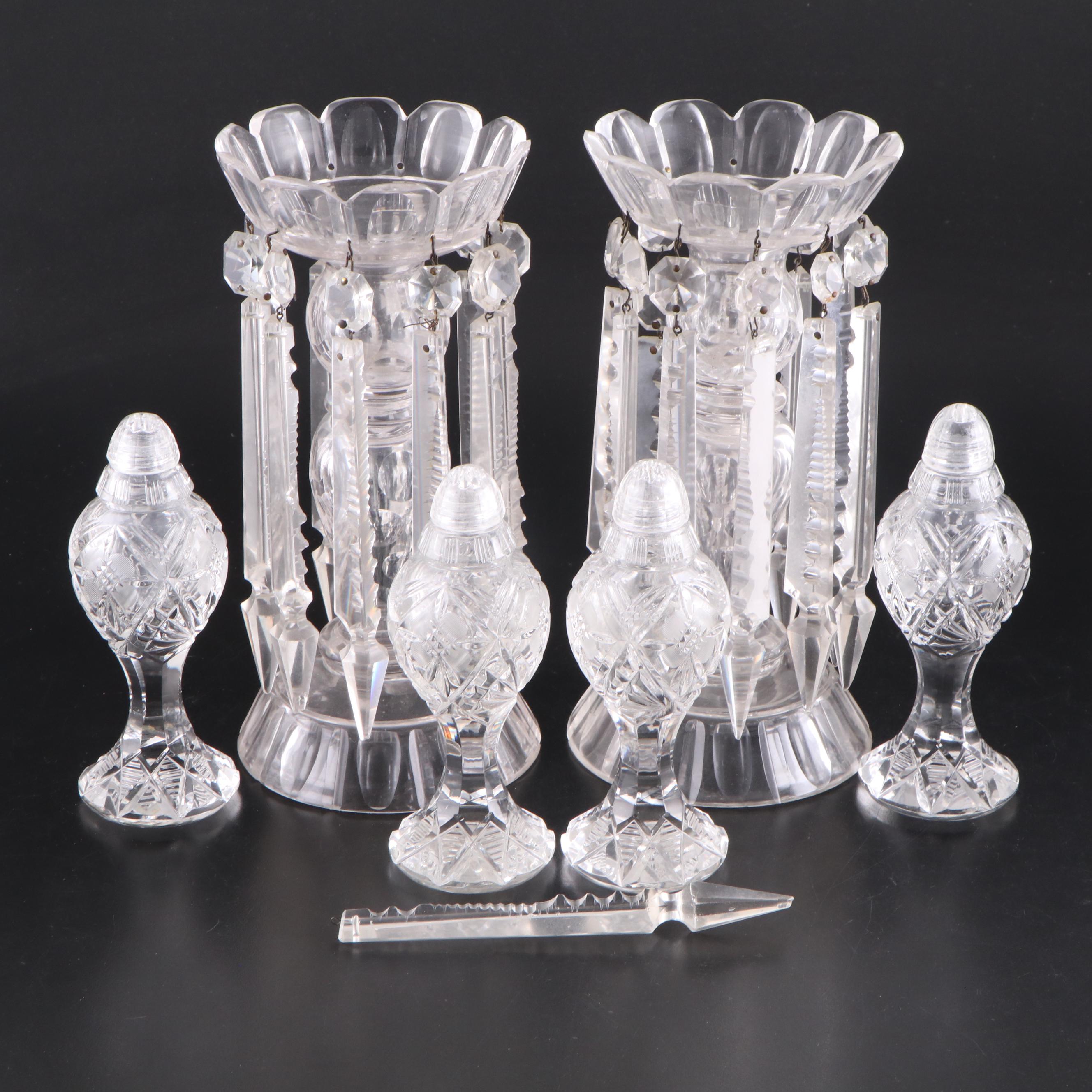Floral Motif Cut Glass Shakers and Glass Mantle Lusters with Crystal Prisms