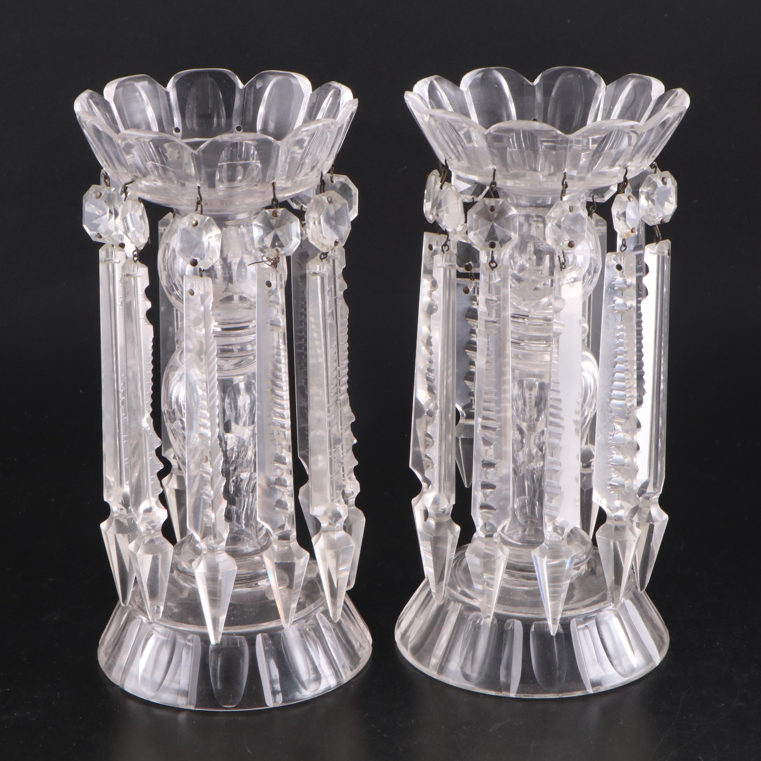 Floral Motif Cut Glass Shakers and Glass Mantle Lusters with Crystal Prisms