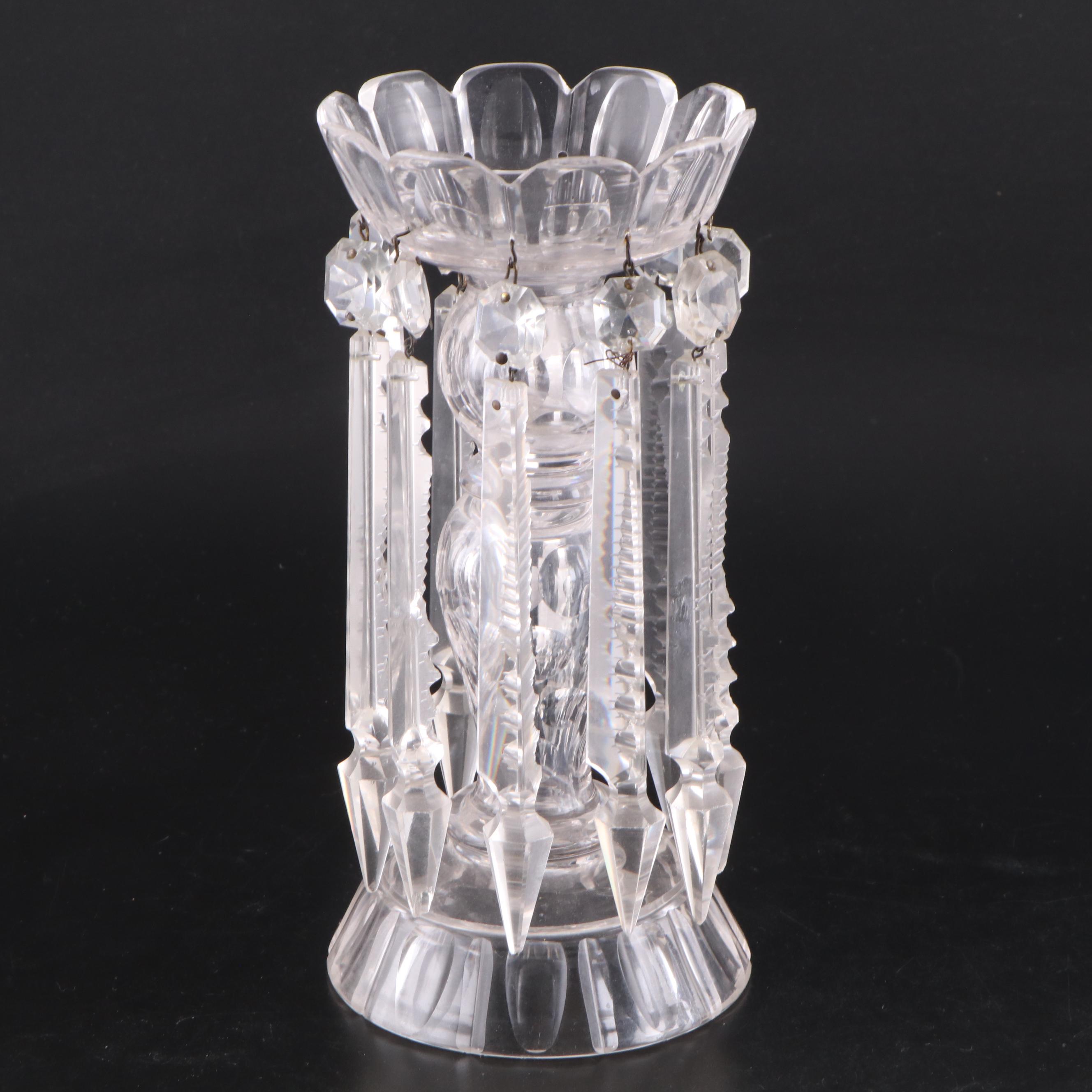 Floral Motif Cut Glass Shakers and Glass Mantle Lusters with Crystal Prisms