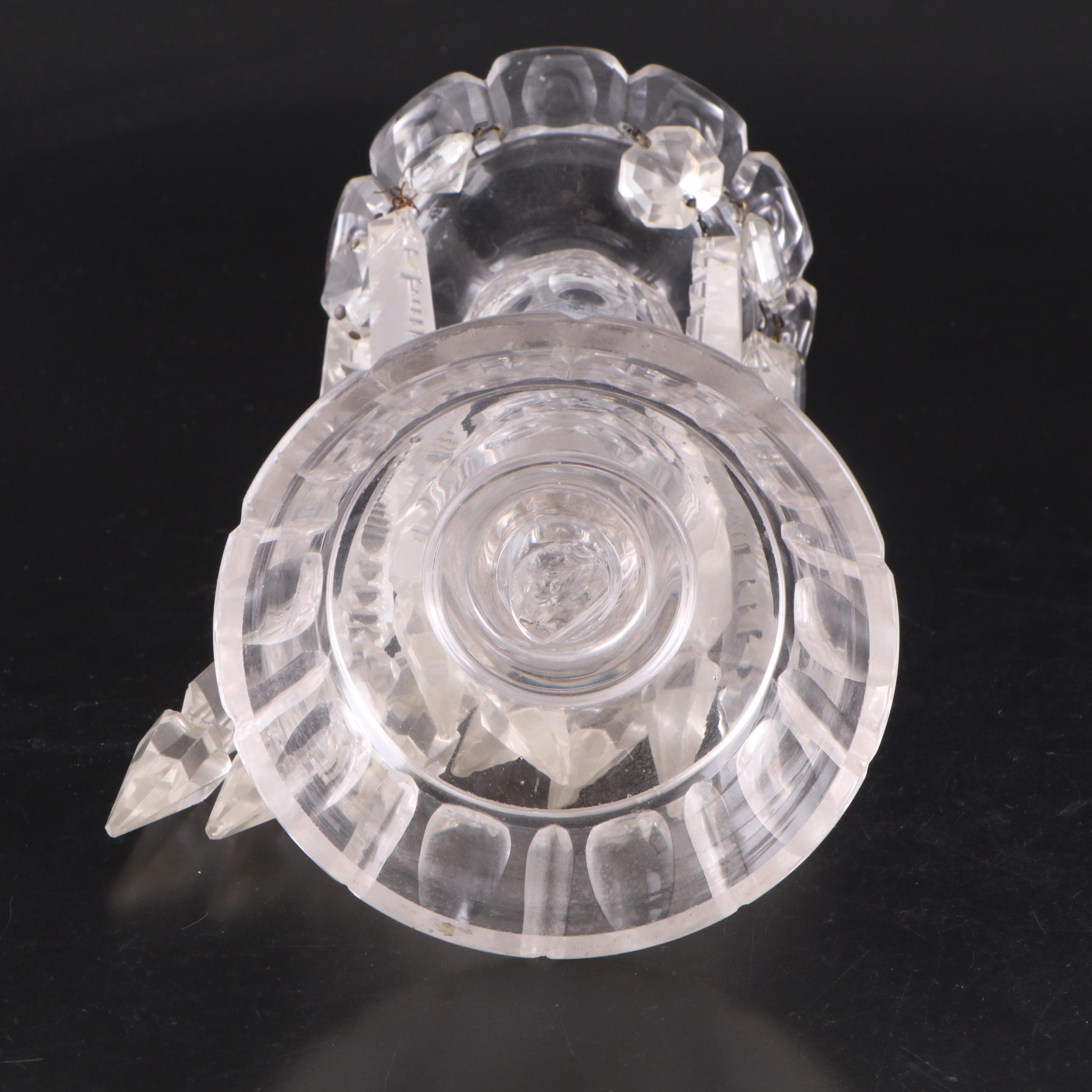 Floral Motif Cut Glass Shakers and Glass Mantle Lusters with Crystal Prisms