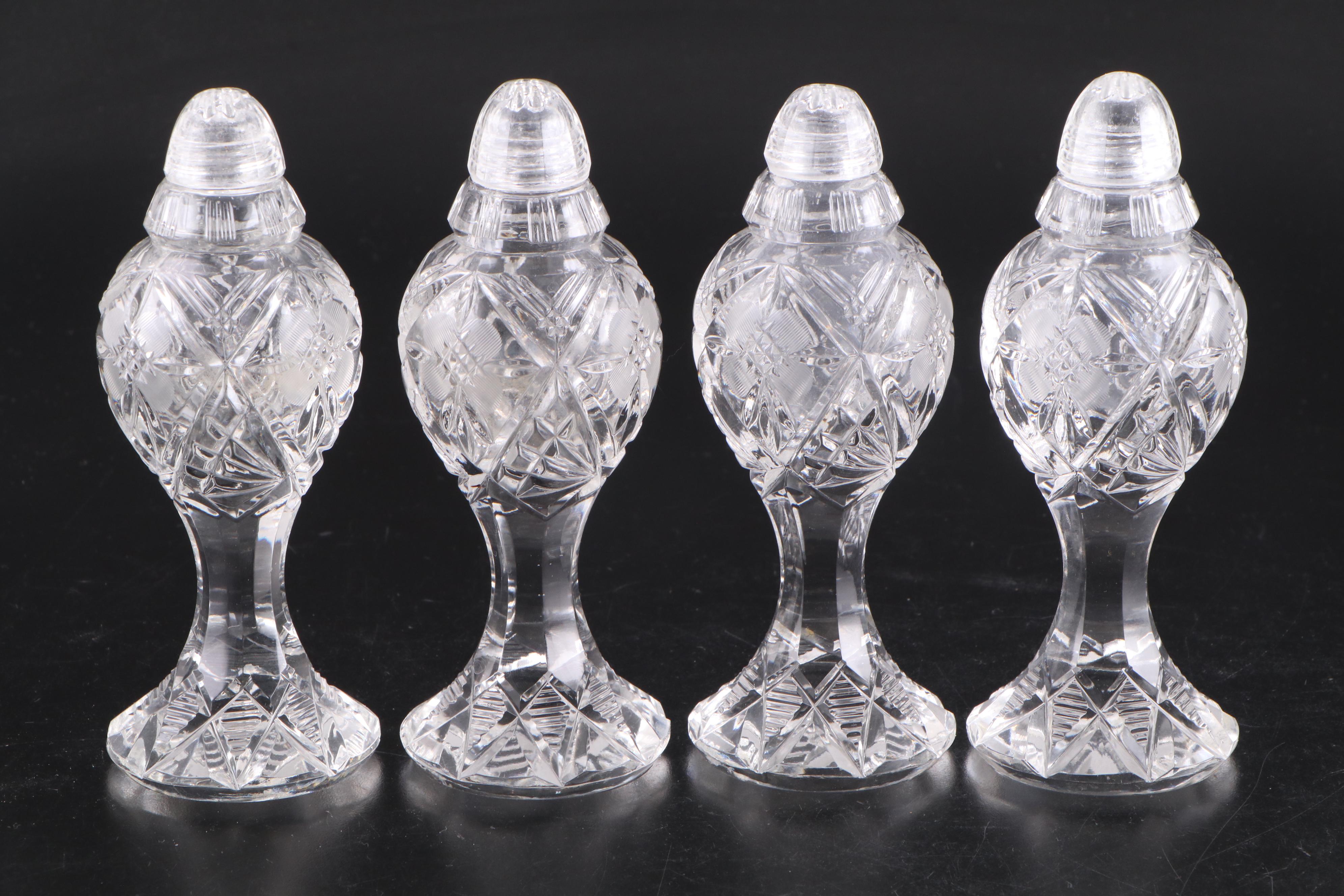 Floral Motif Cut Glass Shakers and Glass Mantle Lusters with Crystal Prisms