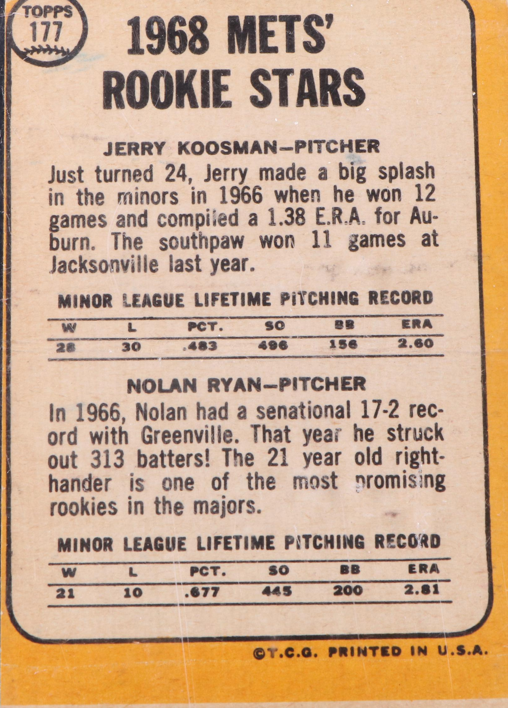 1968 Topps Nolan Ryan and Jerry Koosman Rookie Card #177