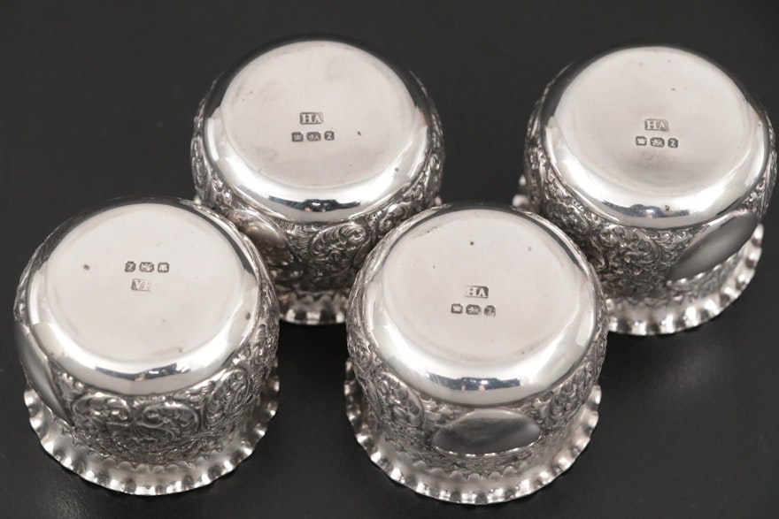 Atkin Brothers Sterling Silver Salt Cellar Sets in Display Case, circa