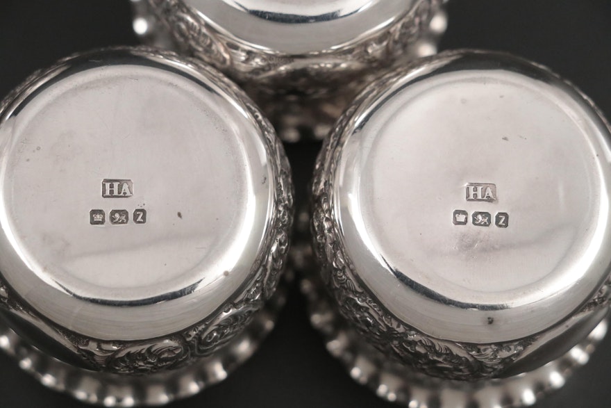 Atkin Brothers Sterling Silver Salt Cellar Sets in Display Case, circa