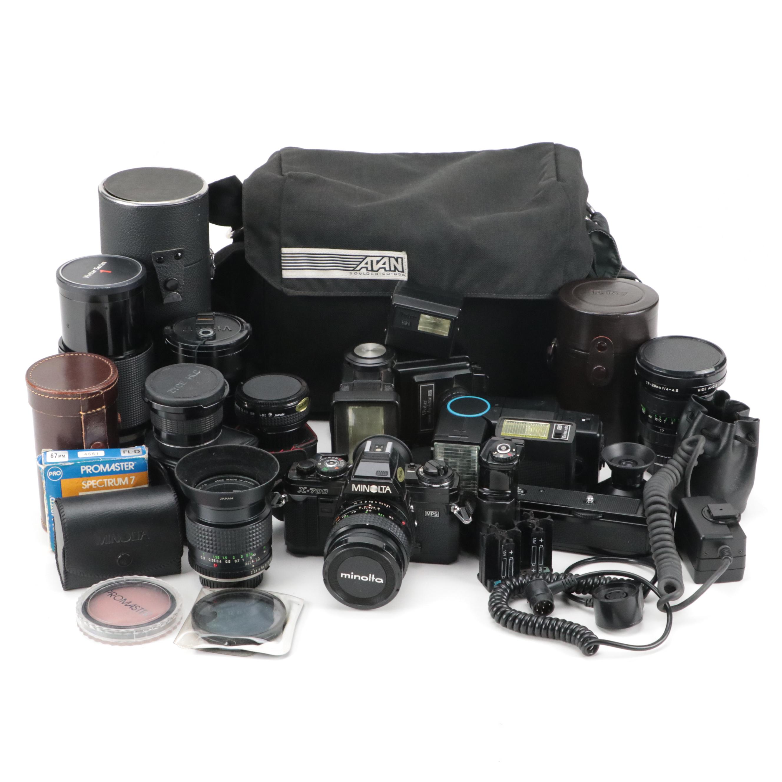 Minolta X-700 35mm Camera with Collection of Lenses, Cases and Accessories