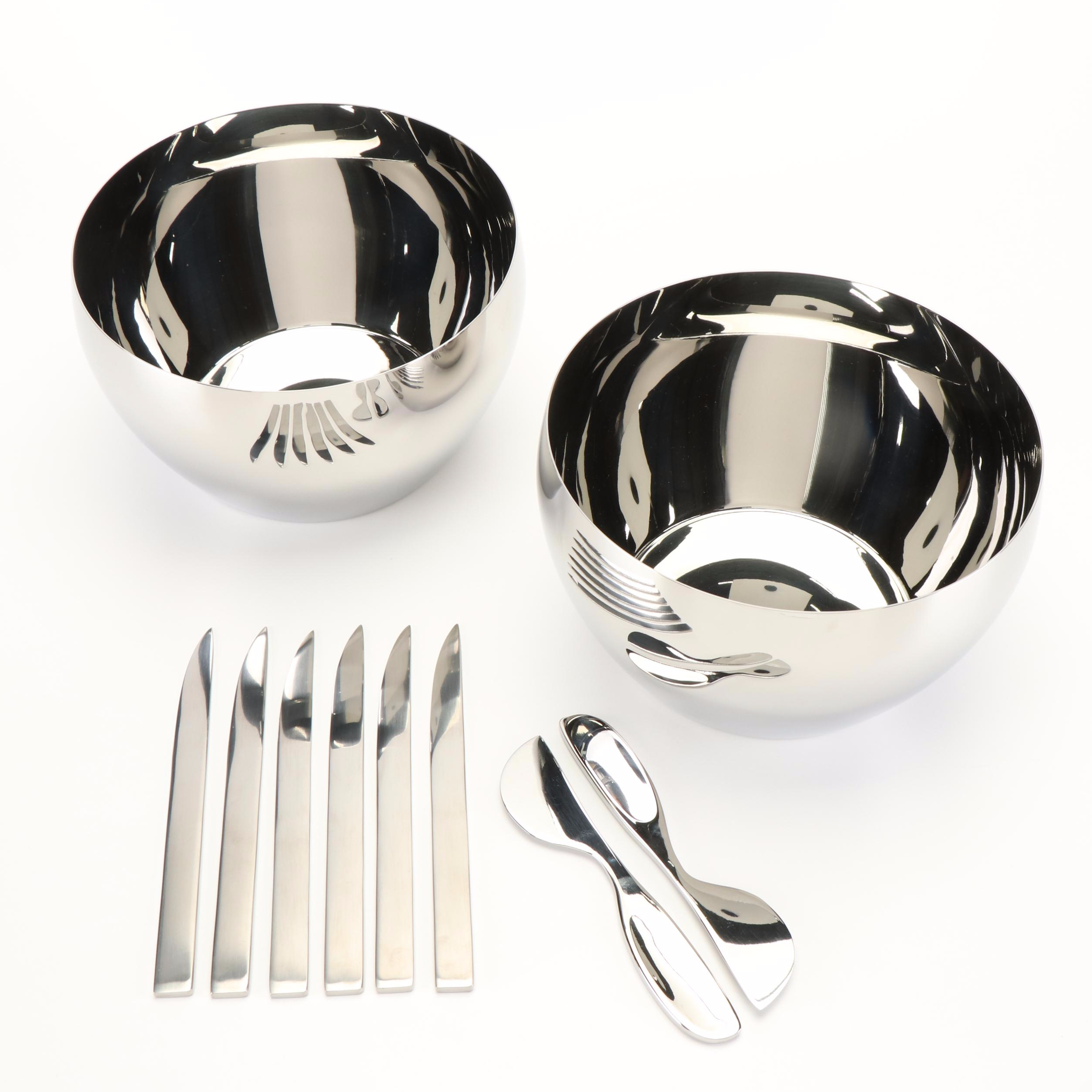 Georg Jensen Stainless Steel Serving Bowls, Knife Set, and Cheese Knives