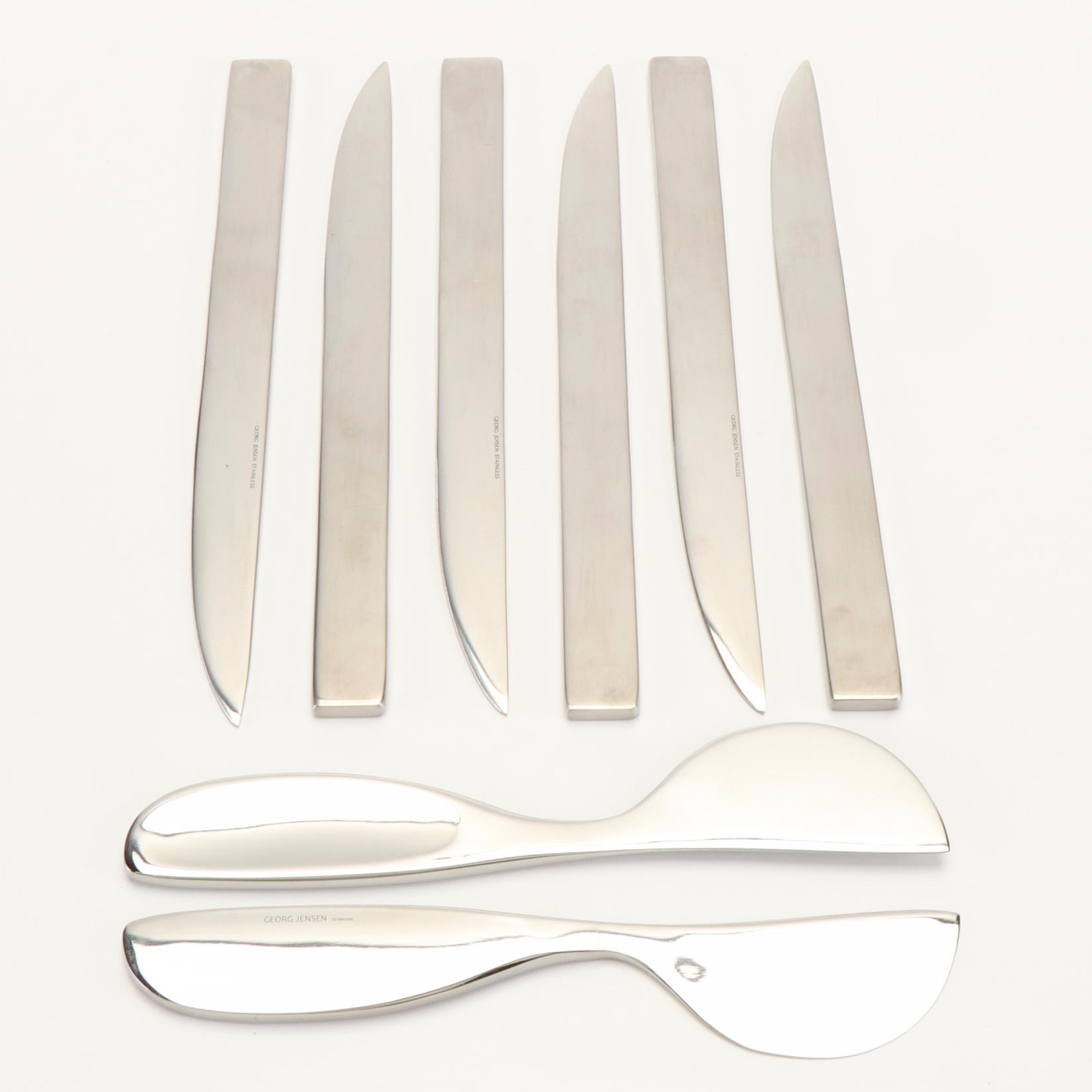 Georg Jensen Stainless Steel Serving Bowls, Knife Set, and Cheese Knives
