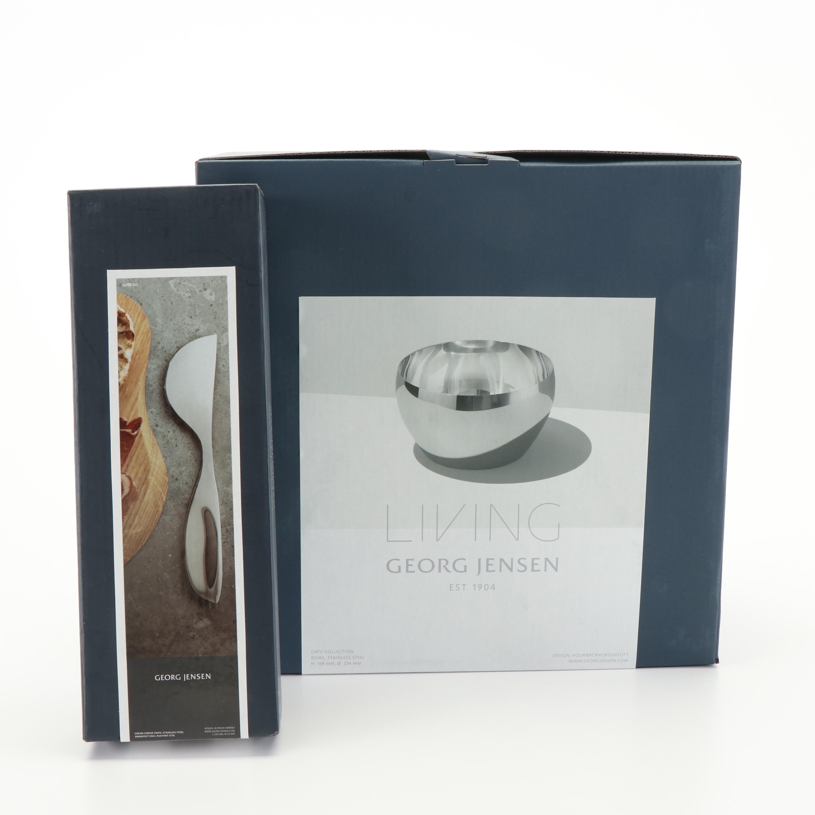 Georg Jensen Stainless Steel Serving Bowls, Knife Set, and Cheese Knives