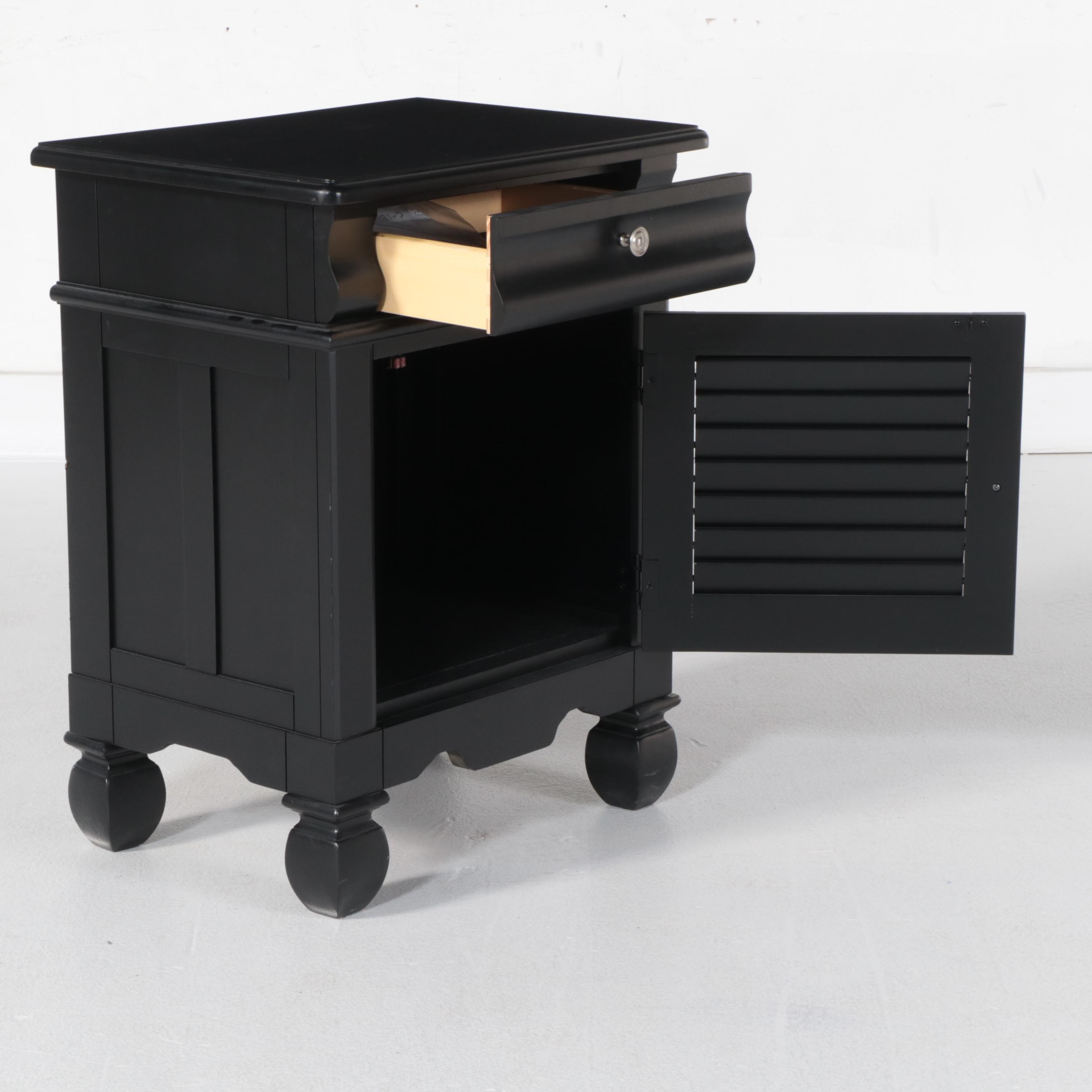 American Signature Black Lacquered Queen Size Bed Frame and Nightstand