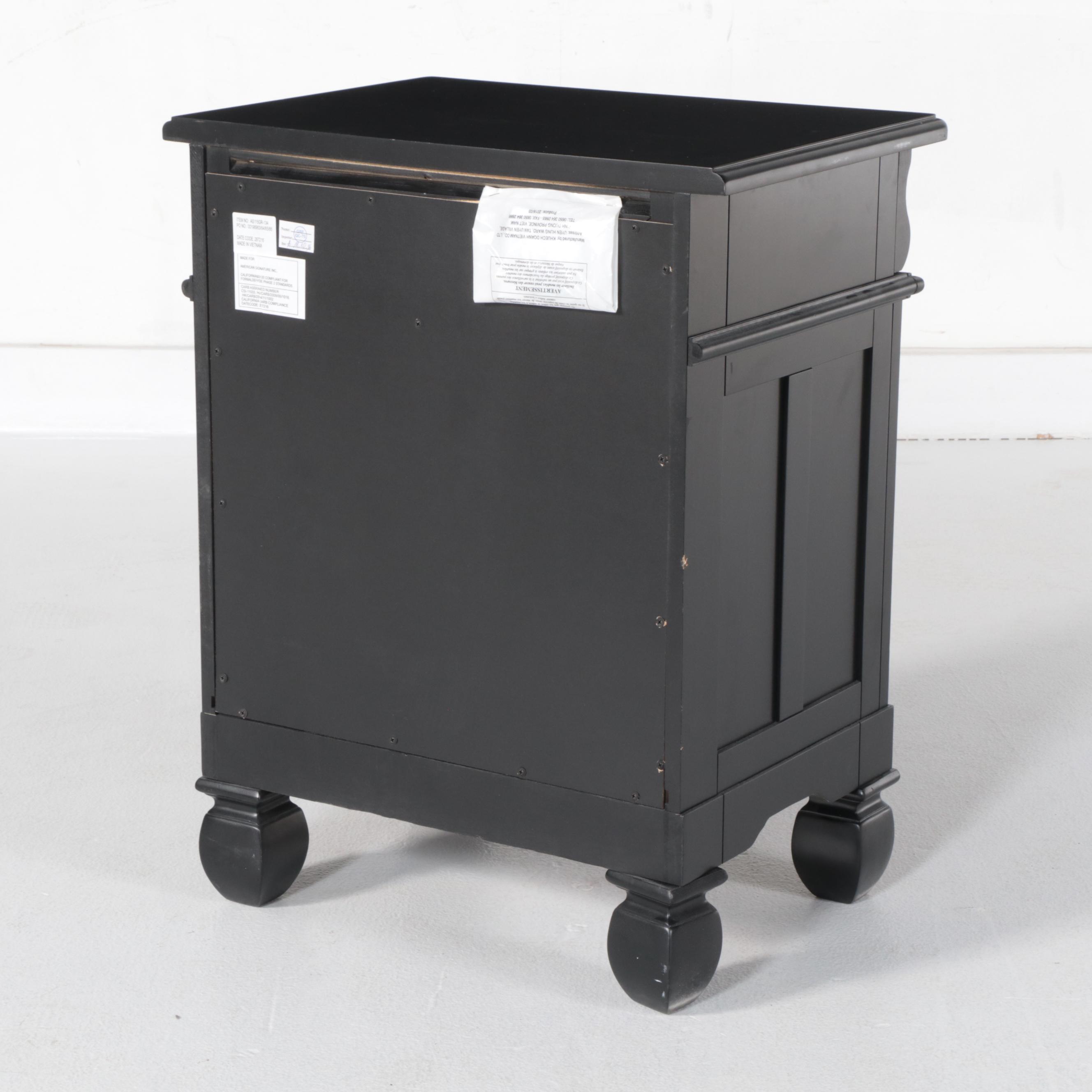 American Signature Black Lacquered Queen Size Bed Frame and Nightstand