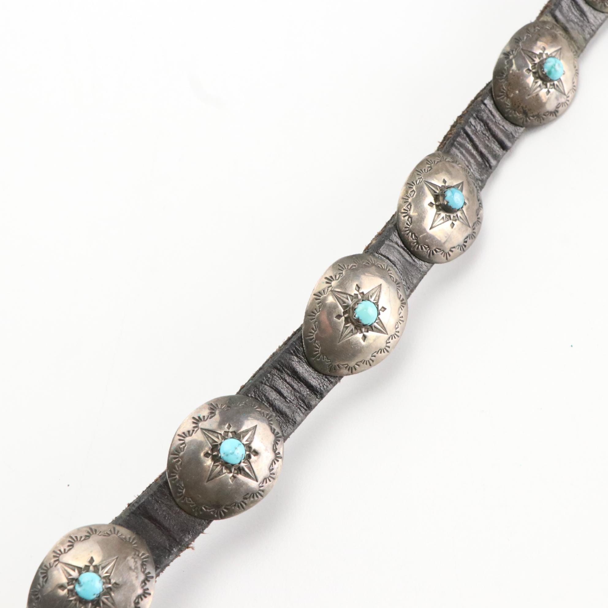 Southwestern Style Turquoise and Leather Concho Belt by Swan Taos