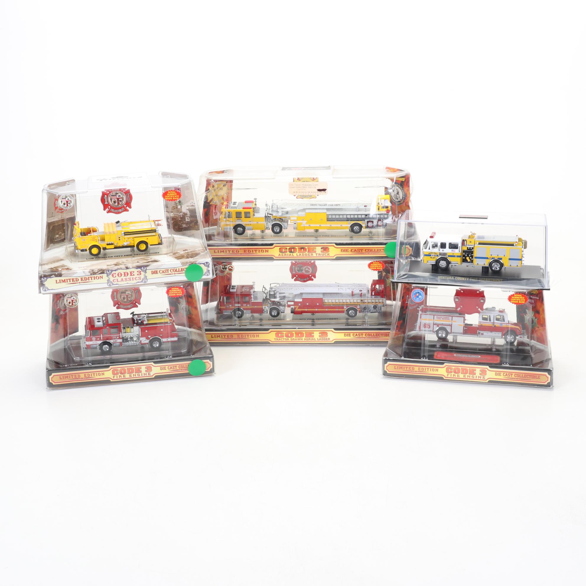 Six Code 3 Limited Edition Die Cast 1/64 Scale Fire Trucks, 21st Century