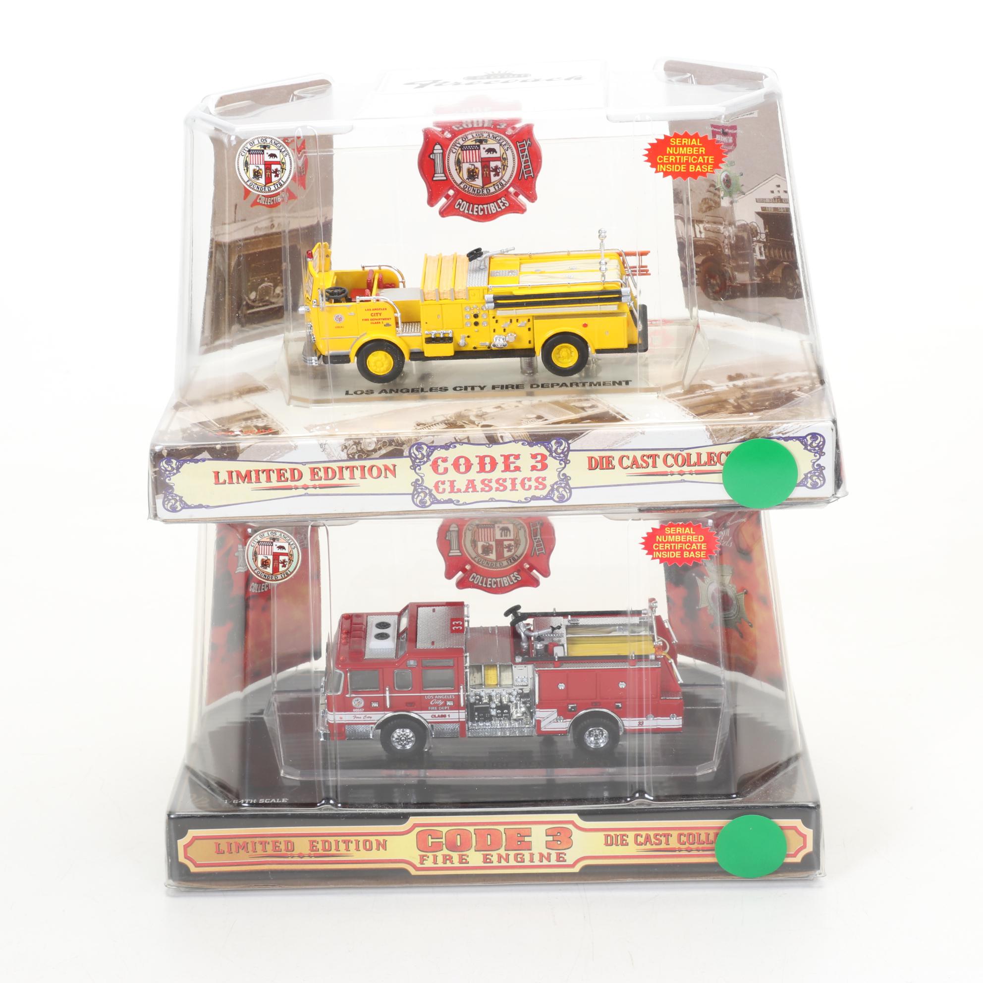 Six Code 3 Limited Edition Die Cast 1/64 Scale Fire Trucks, 21st Century
