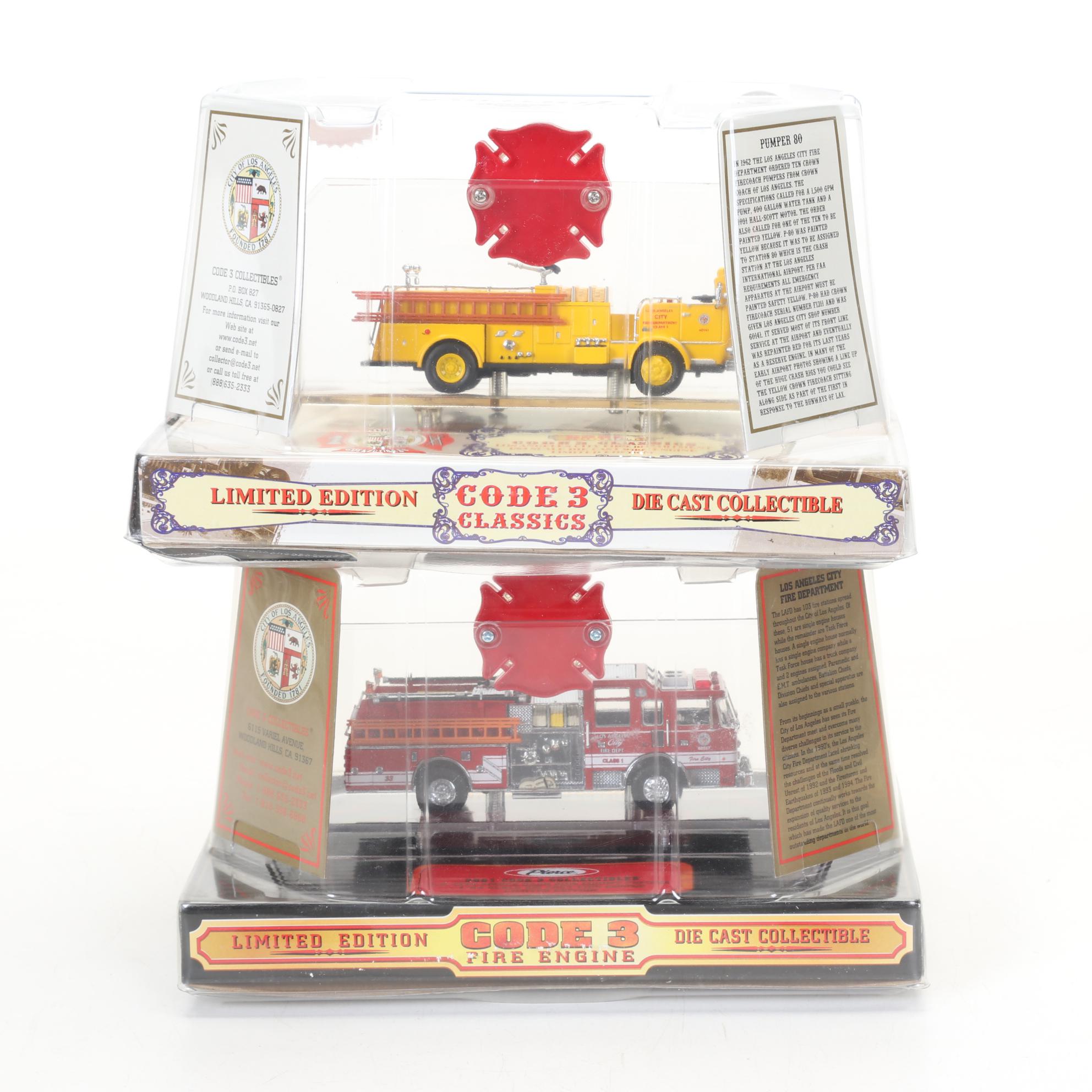 Six Code 3 Limited Edition Die Cast 1/64 Scale Fire Trucks, 21st Century