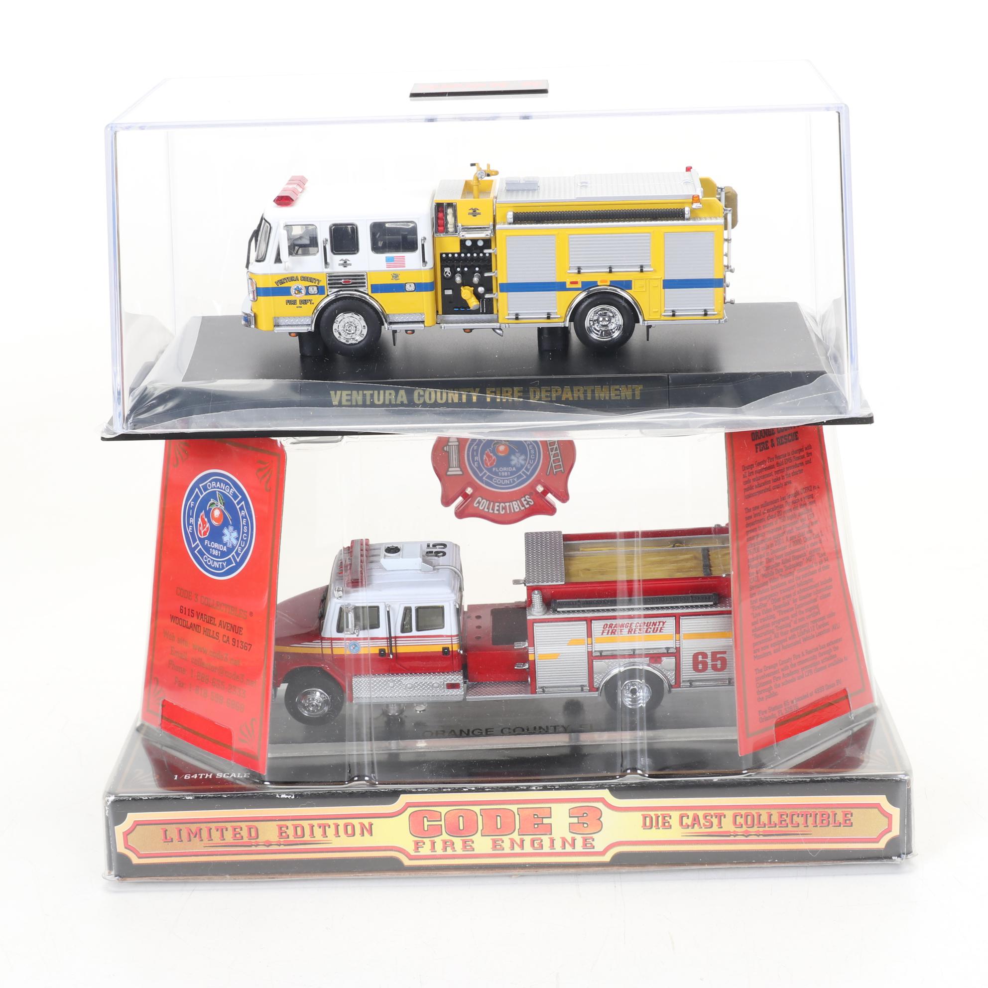 Six Code 3 Limited Edition Die Cast 1/64 Scale Fire Trucks, 21st Century