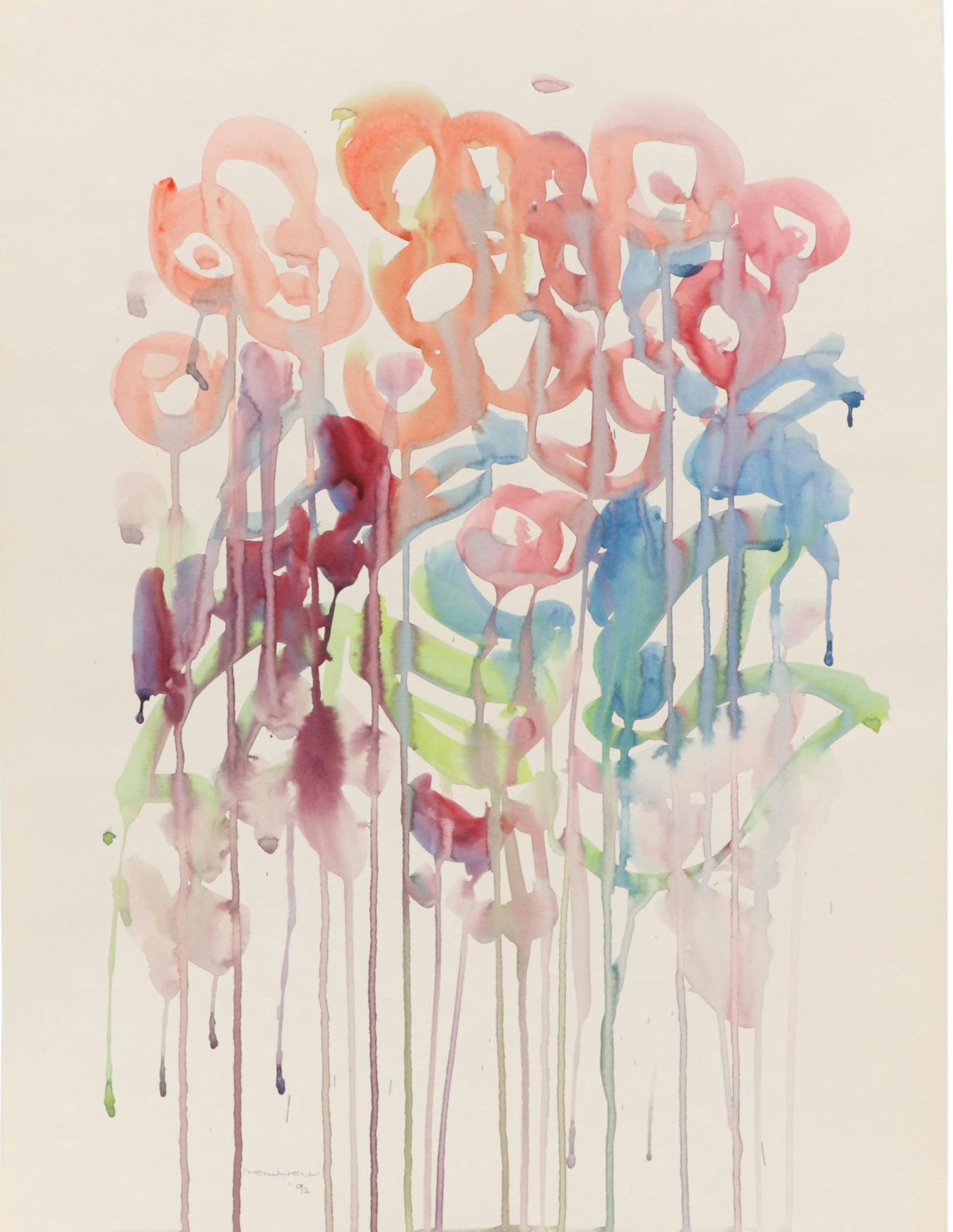 Jack Meanwell Abstract Floral Watercolor Painting, 1992