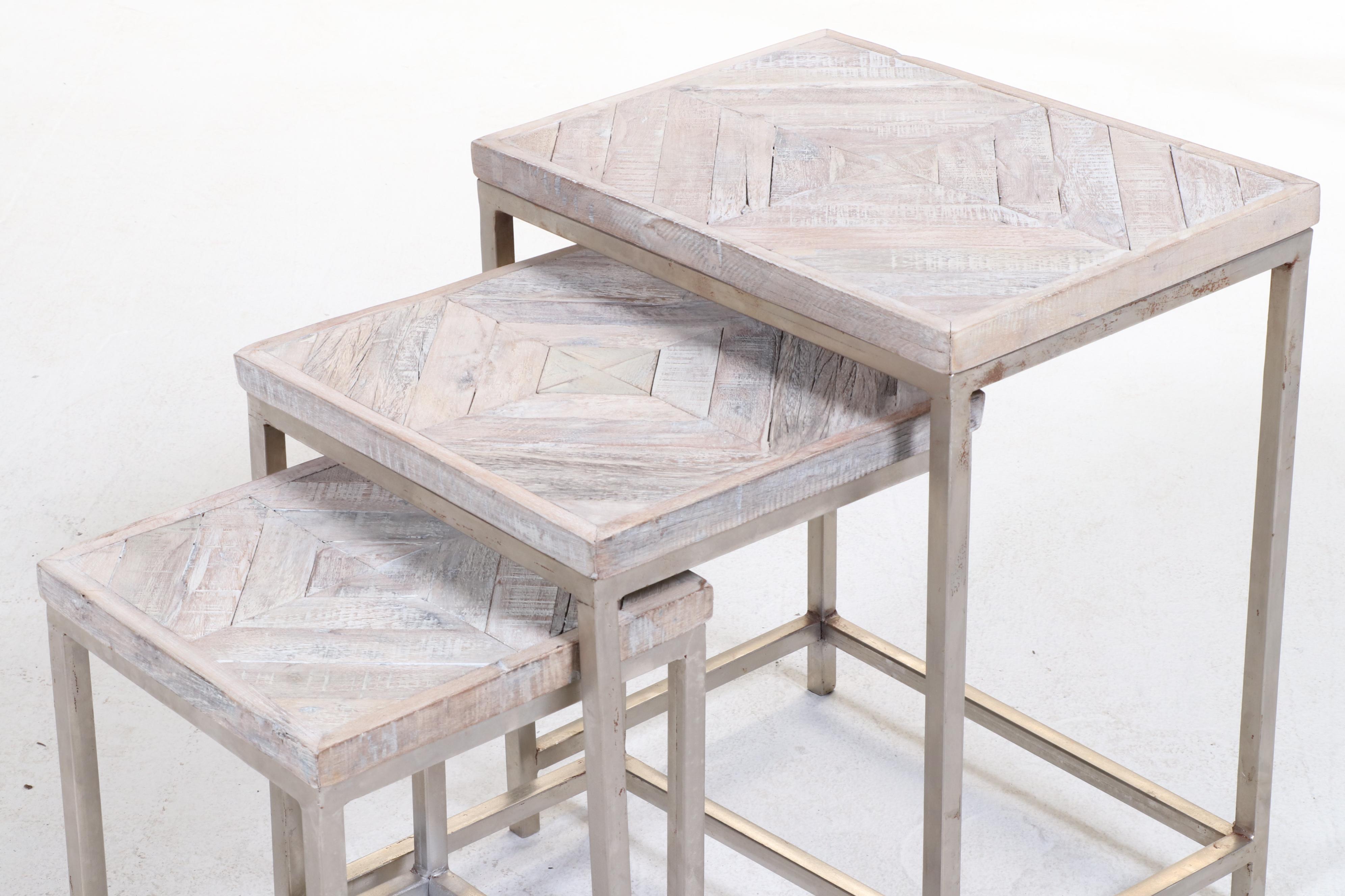 Set of Three Blue Ocean Traders "Embed" Iron and Reclaimed Wood Nesting Tables