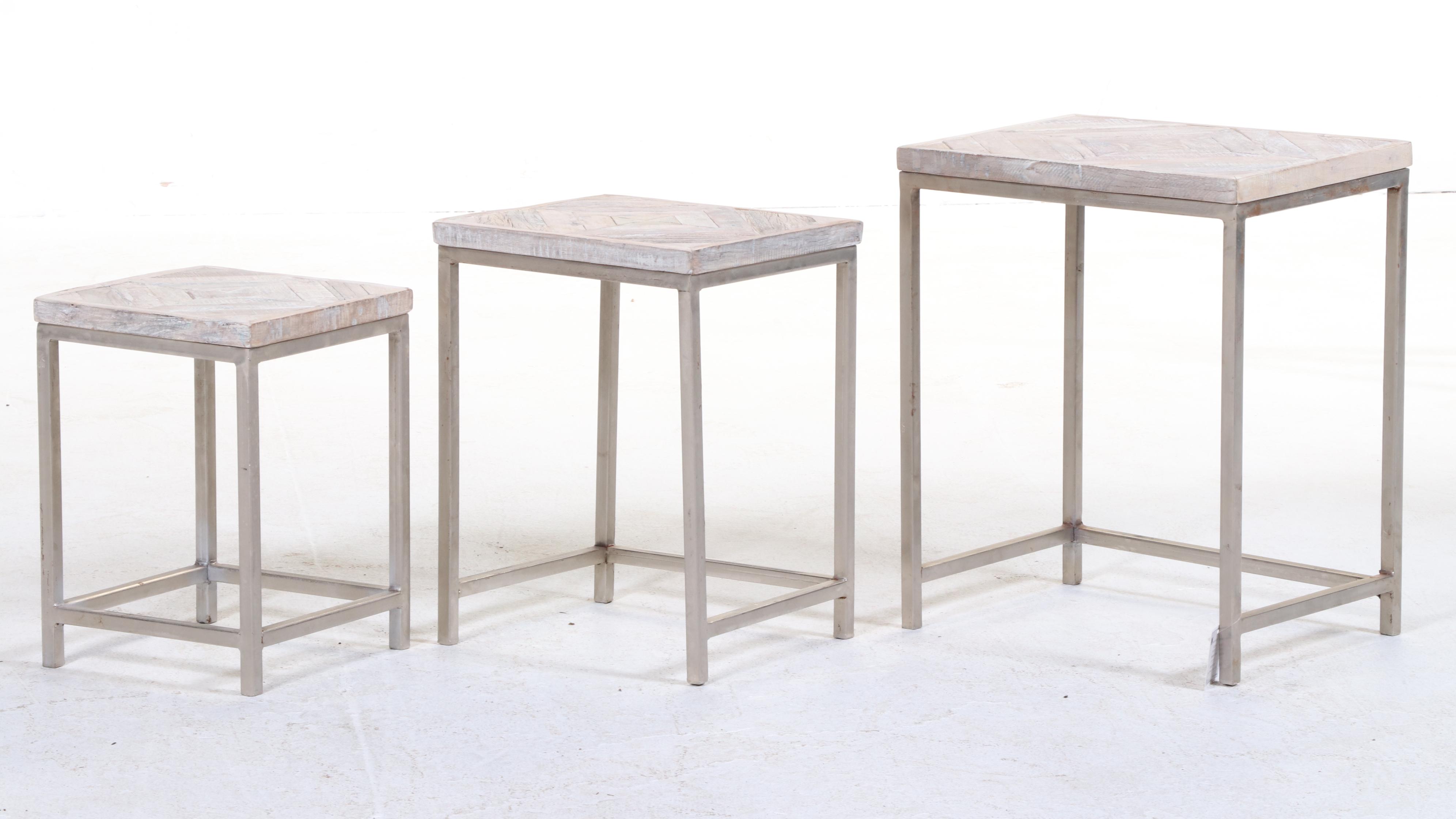 Set of Three Blue Ocean Traders "Embed" Iron and Reclaimed Wood Nesting Tables