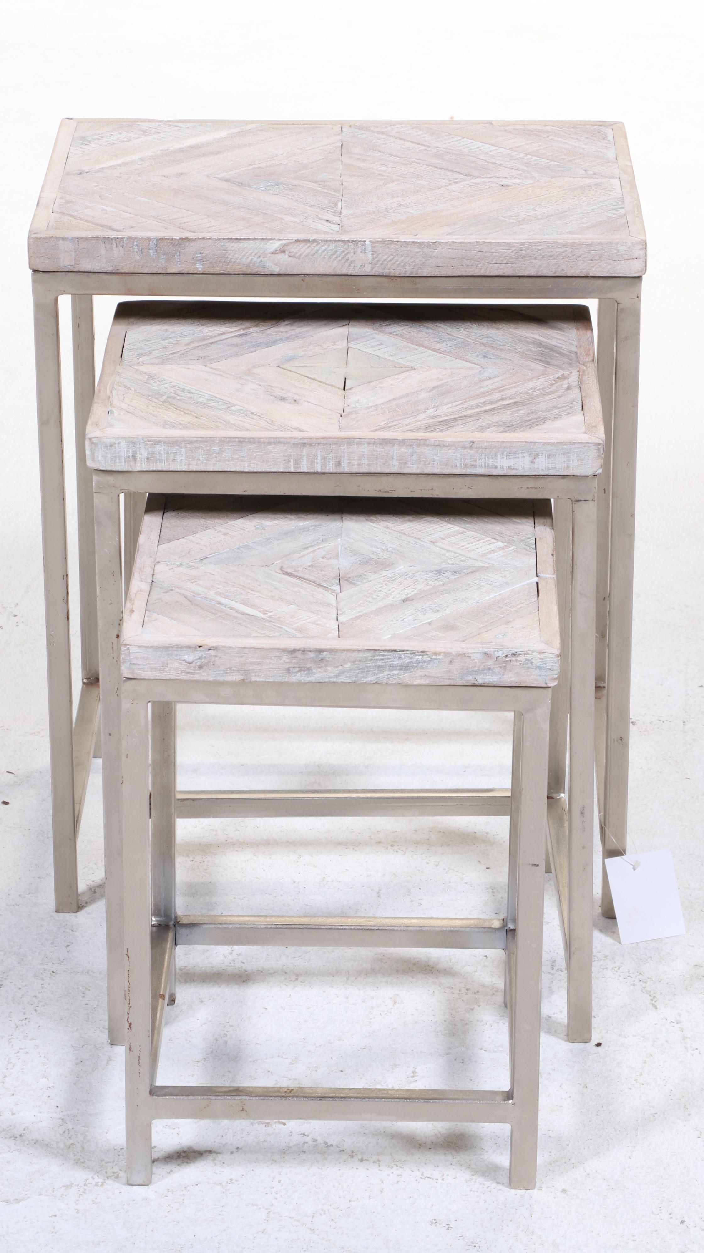 Set of Three Blue Ocean Traders "Embed" Iron and Reclaimed Wood Nesting Tables