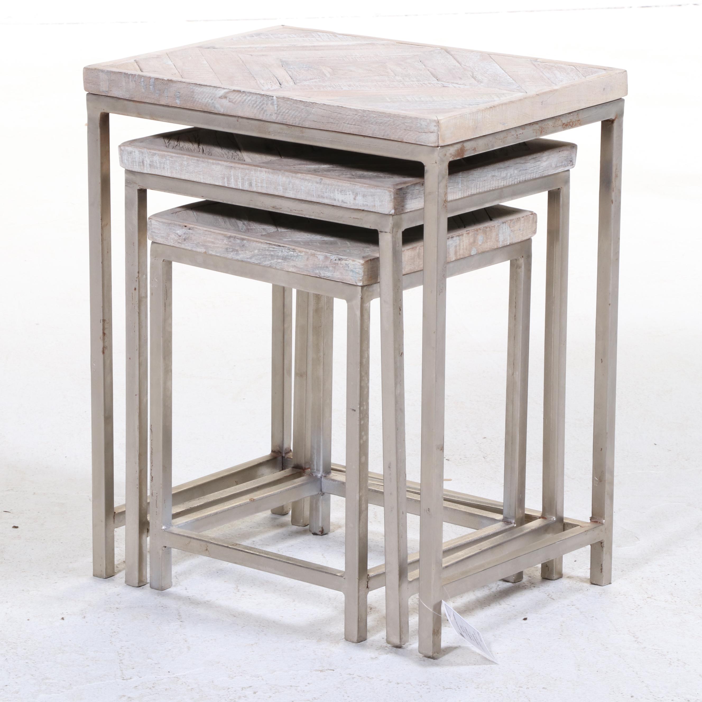 Set of Three Blue Ocean Traders "Embed" Iron and Reclaimed Wood Nesting Tables