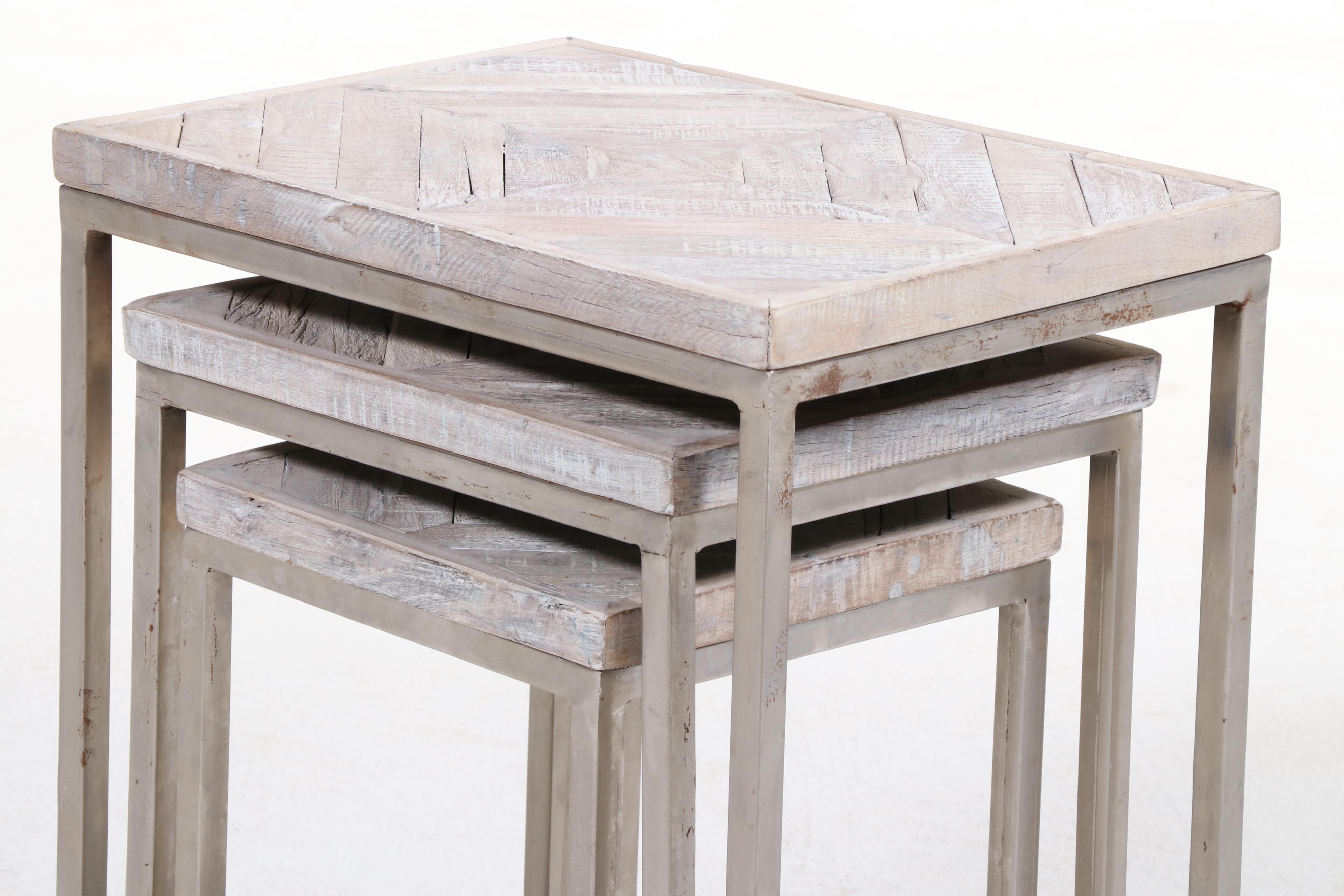 Set of Three Blue Ocean Traders "Embed" Iron and Reclaimed Wood Nesting Tables