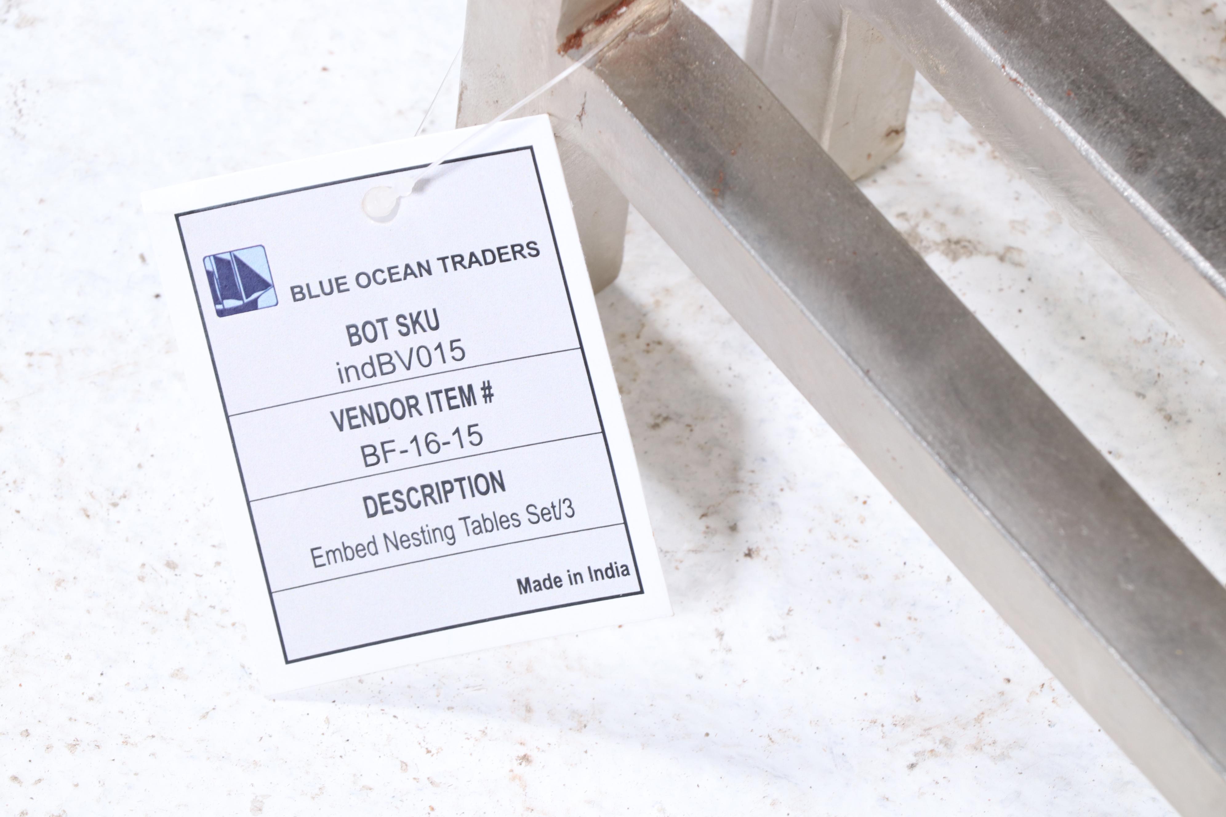 Set of Three Blue Ocean Traders "Embed" Iron and Reclaimed Wood Nesting Tables