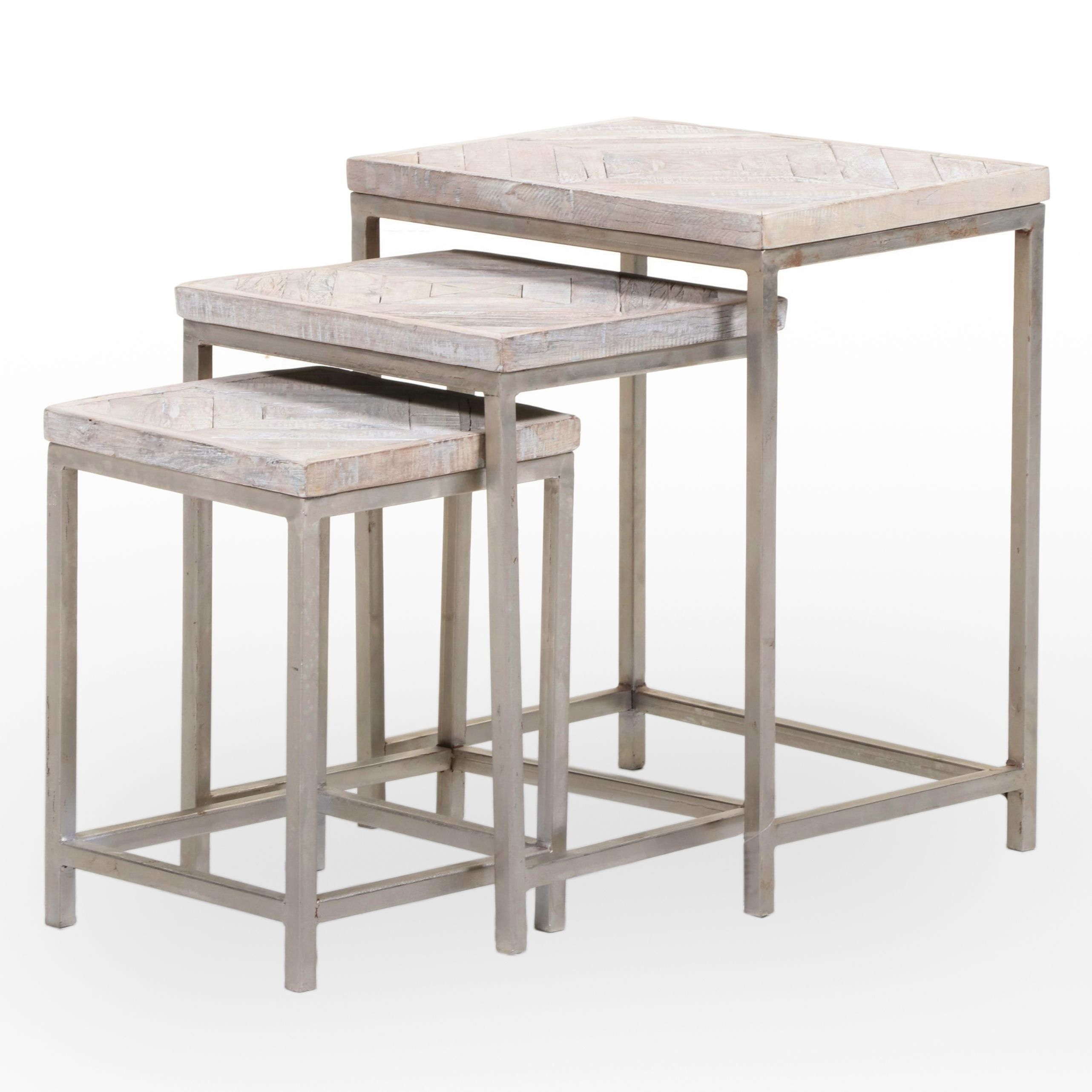 Set of Three Blue Ocean Traders "Embed" Iron and Reclaimed Wood Nesting Tables