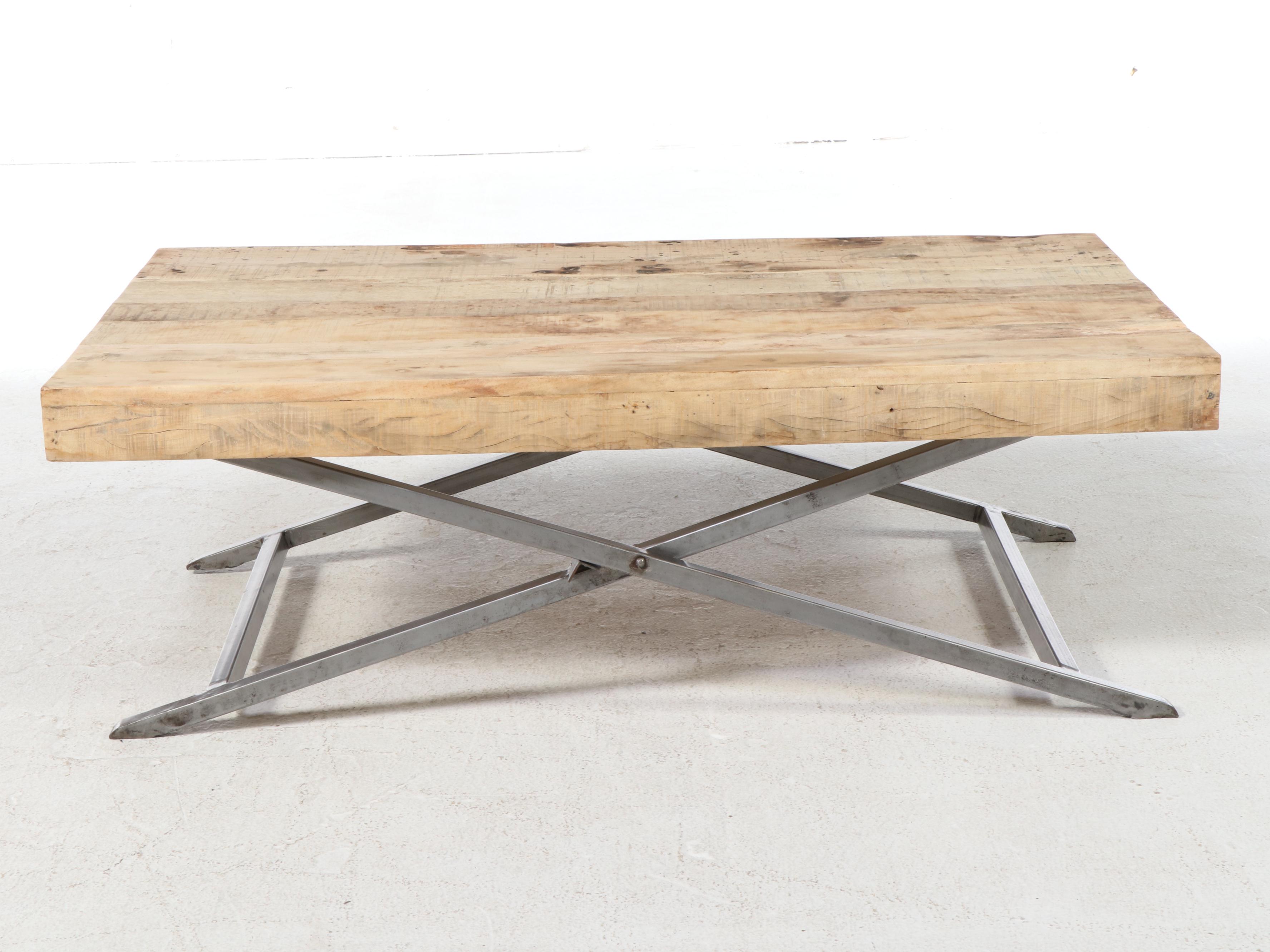 Industrial Style Hardwood and Brushed Metal Folding Coffee Table
