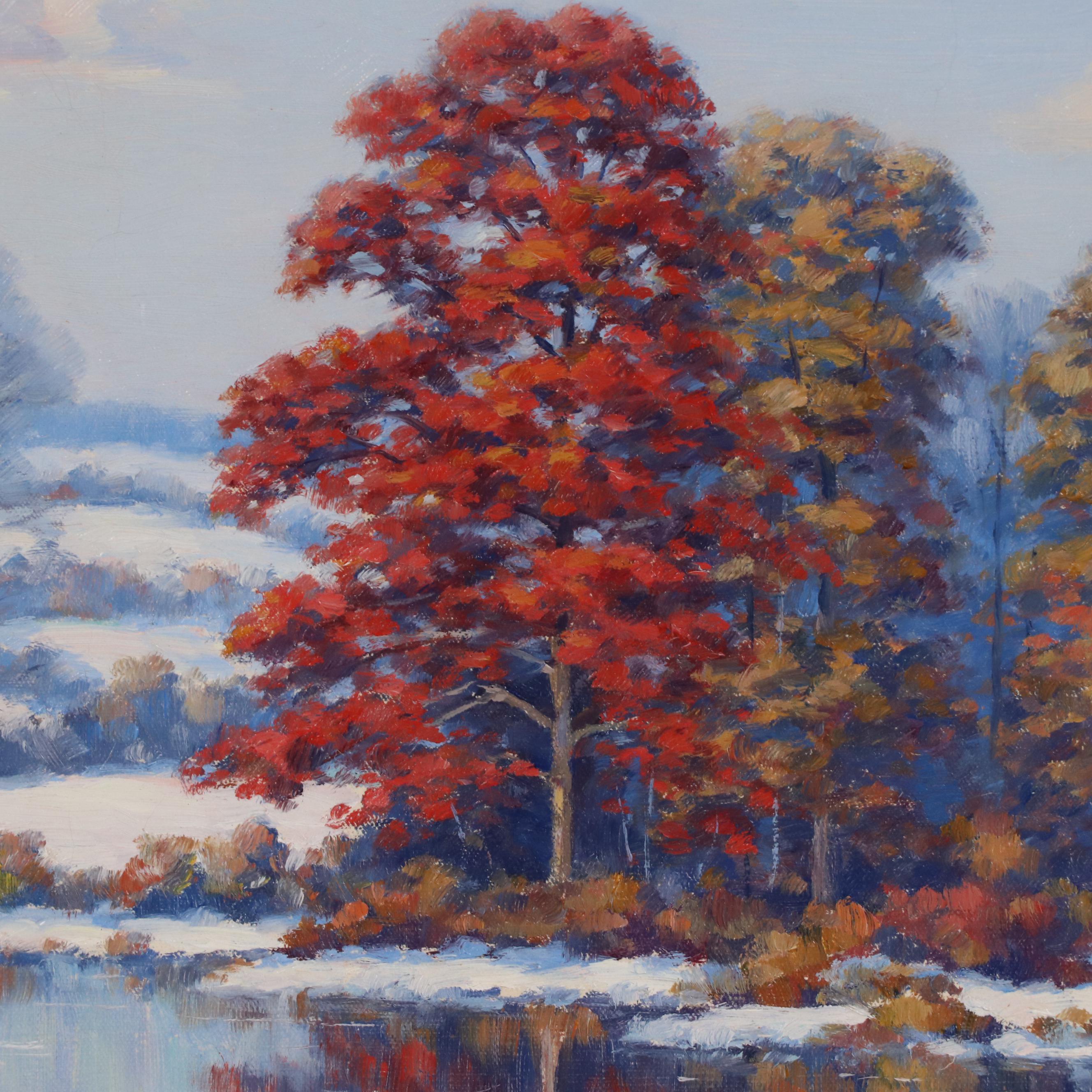 Francis Dixon Oil Painting of an Autumn Landscape with Lake