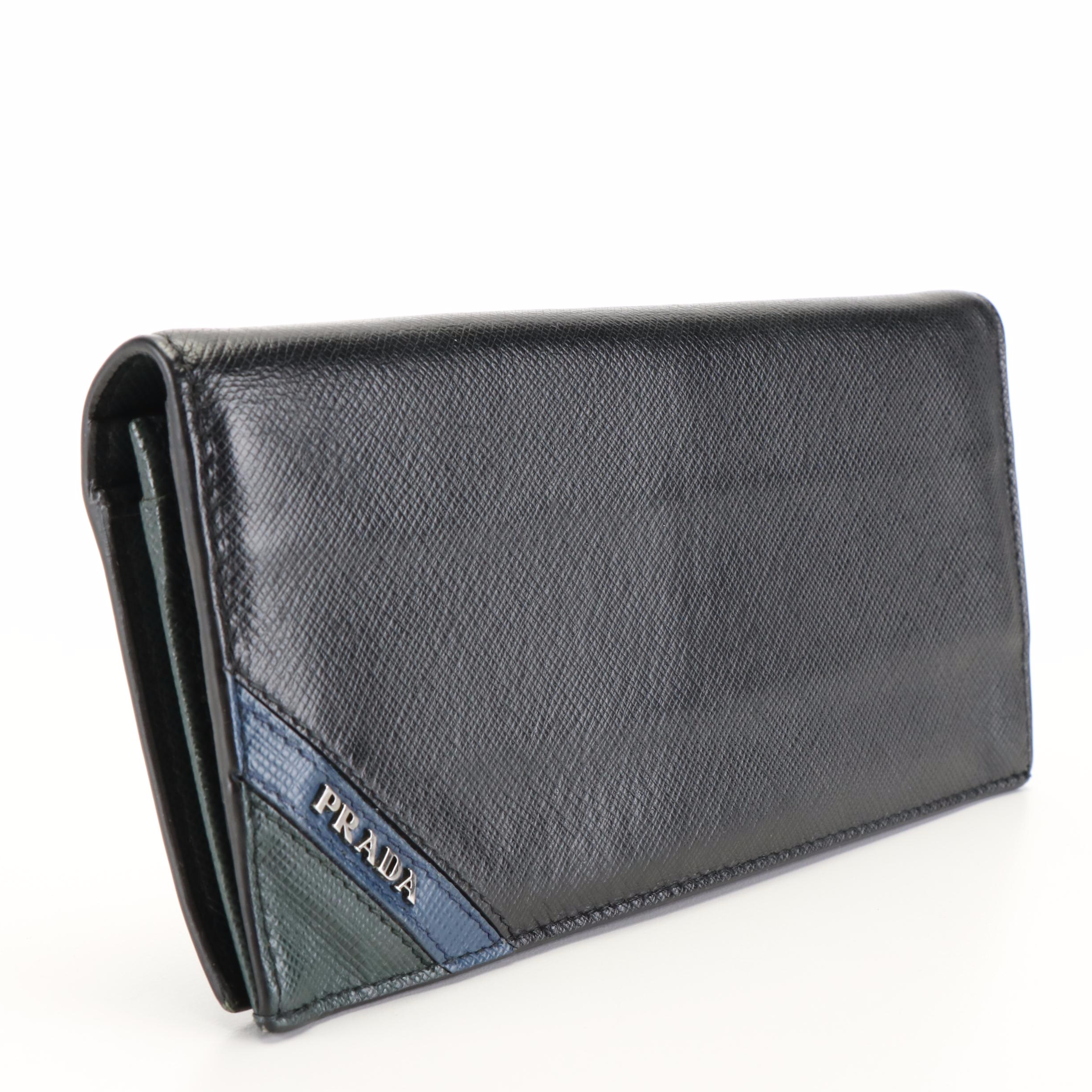 Prada Striped Logo Long Wallet in Saffiano Leather