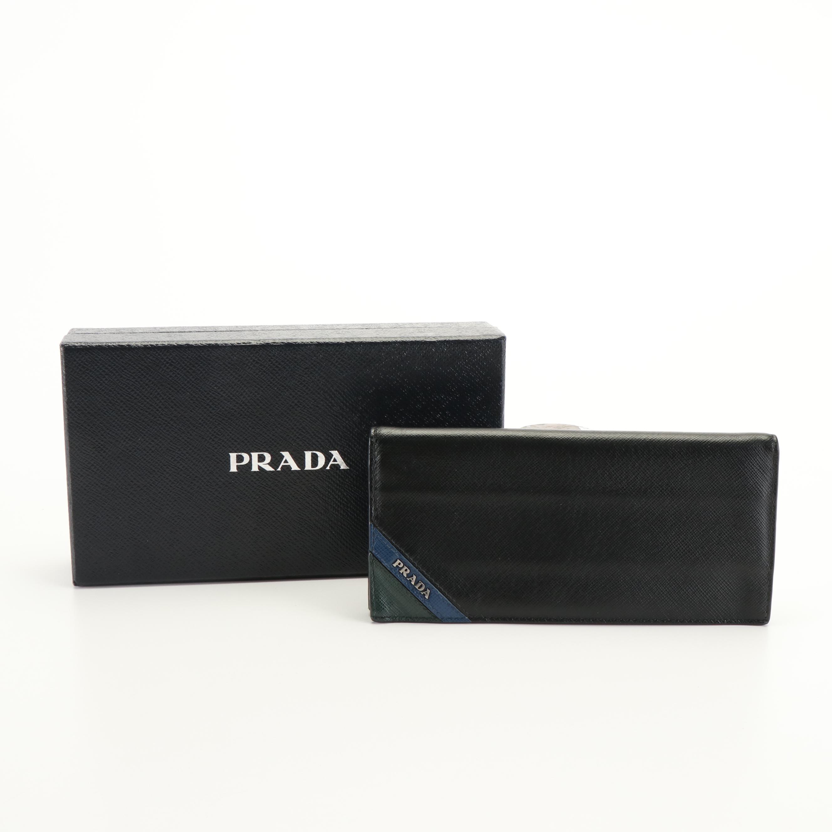 Prada Striped Logo Long Wallet in Saffiano Leather