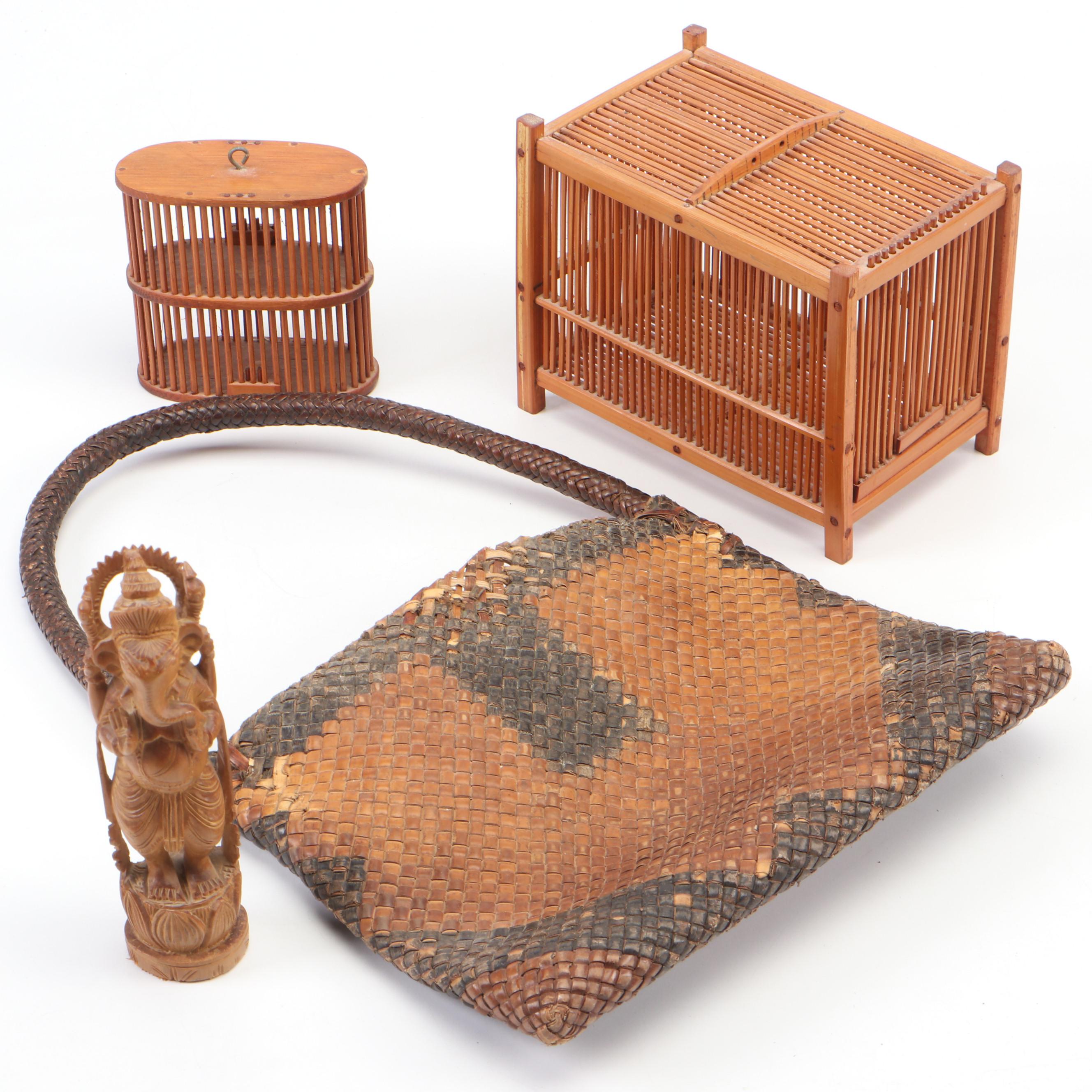 Handmade Bamboo Cricket Cages with Carved Wood Ganesha Figurine and More
