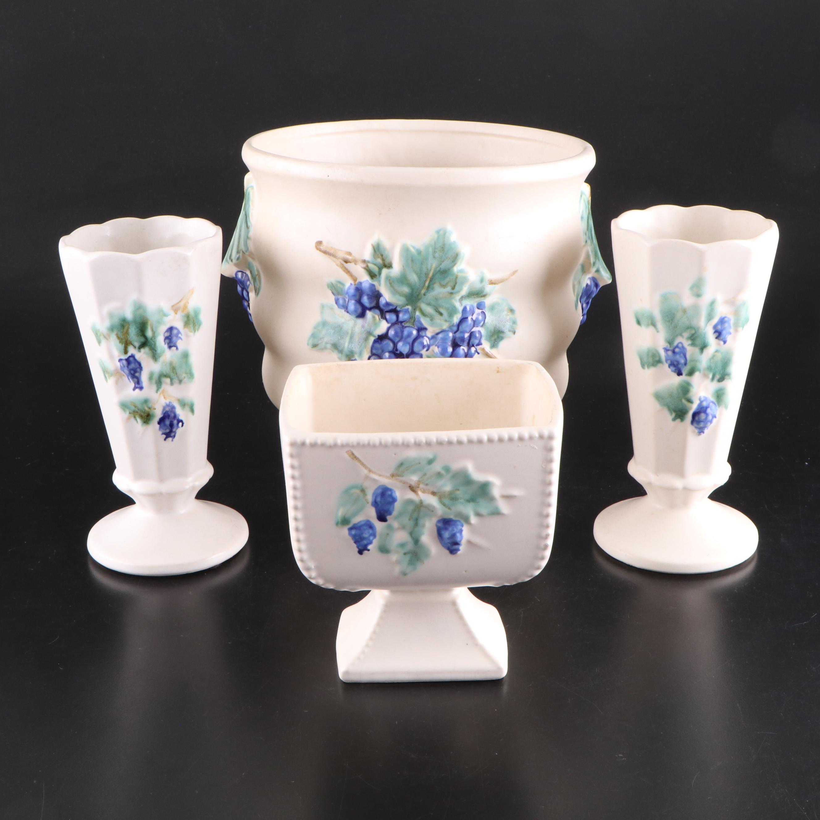 McCoy Pottery Grape Motif Ceramic Planter, Square Planter, and Vases
