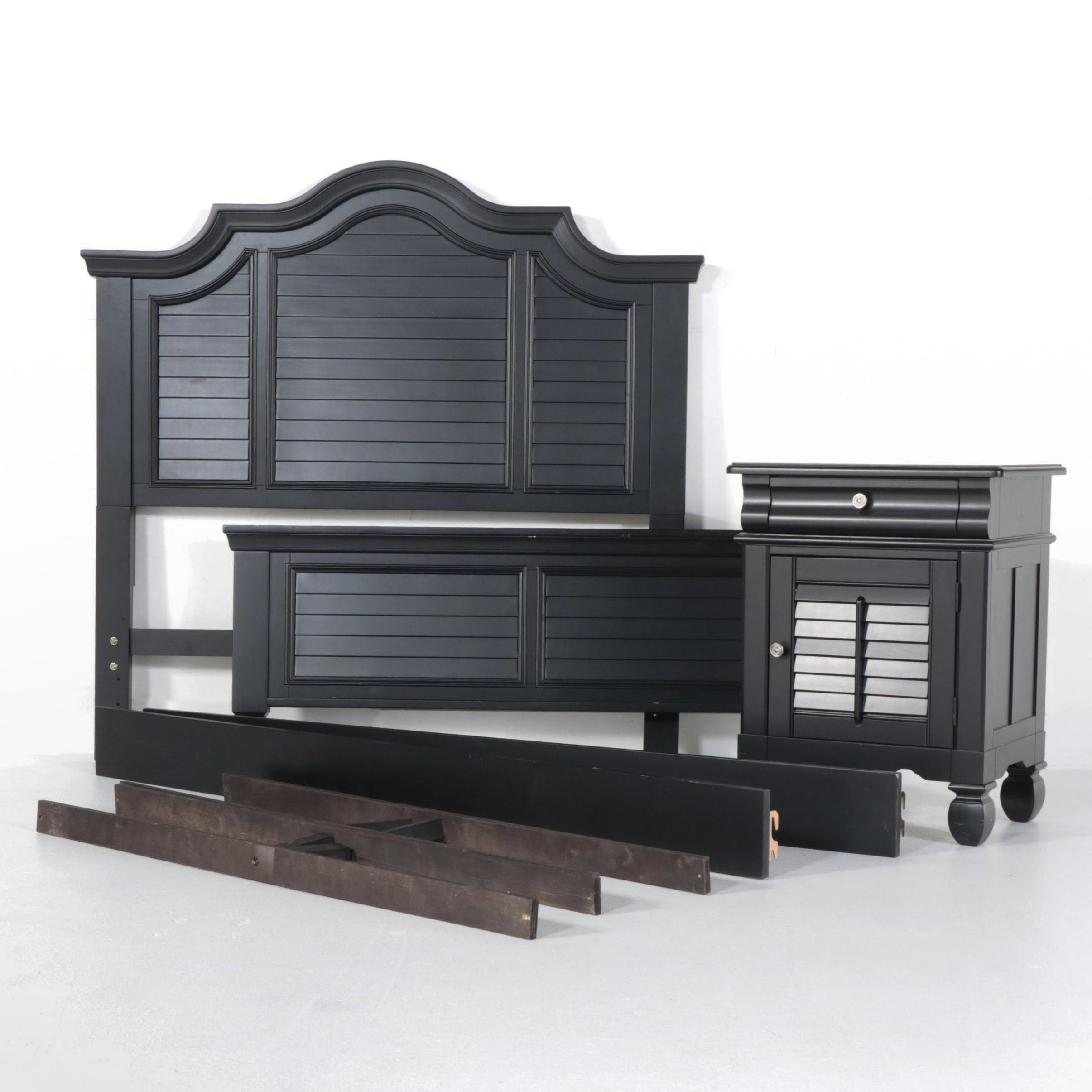 American Signature Black Lacquered Queen Size Bed Frame and Nightstand