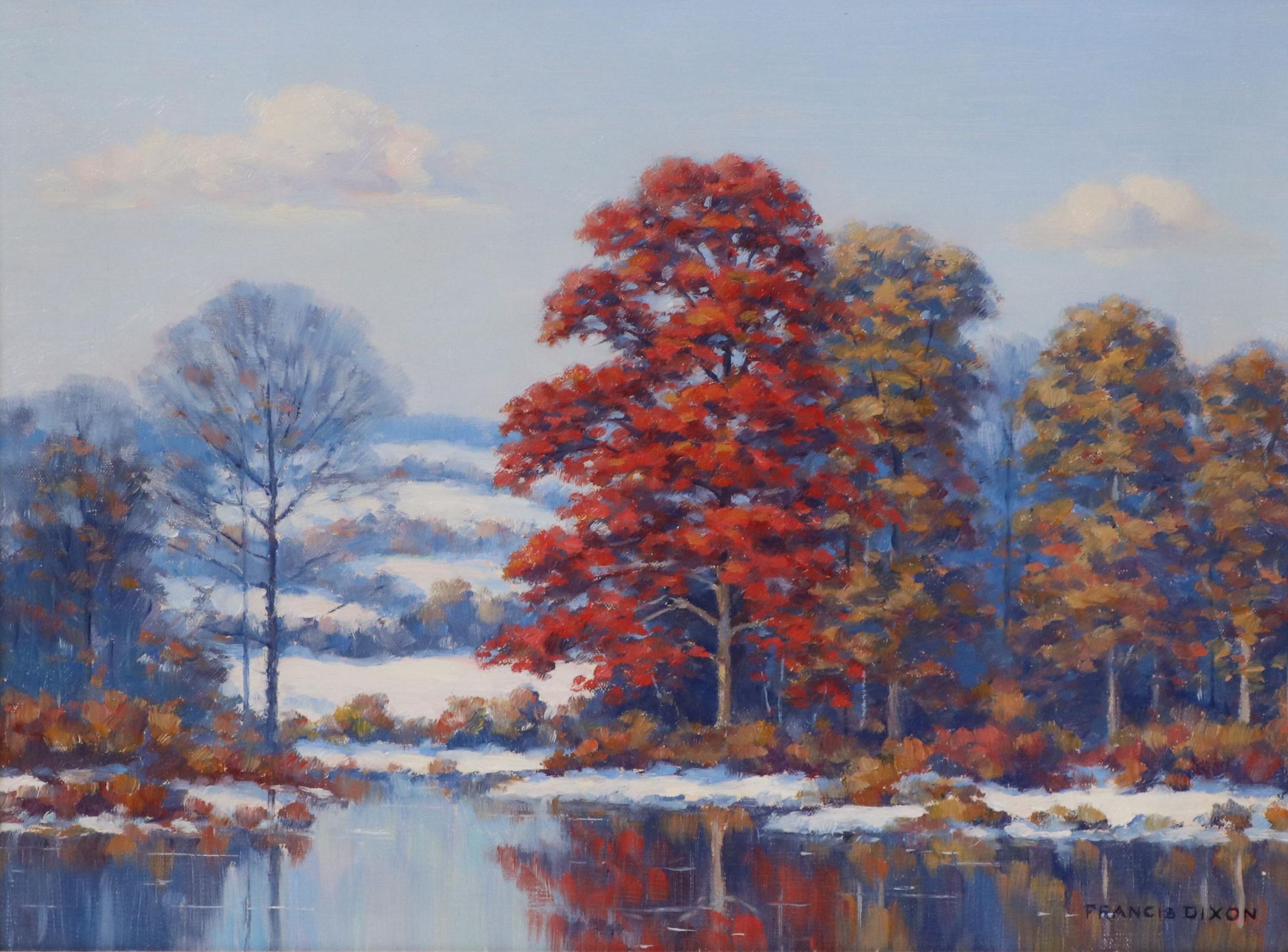 Francis Dixon Oil Painting of an Autumn Landscape with Lake