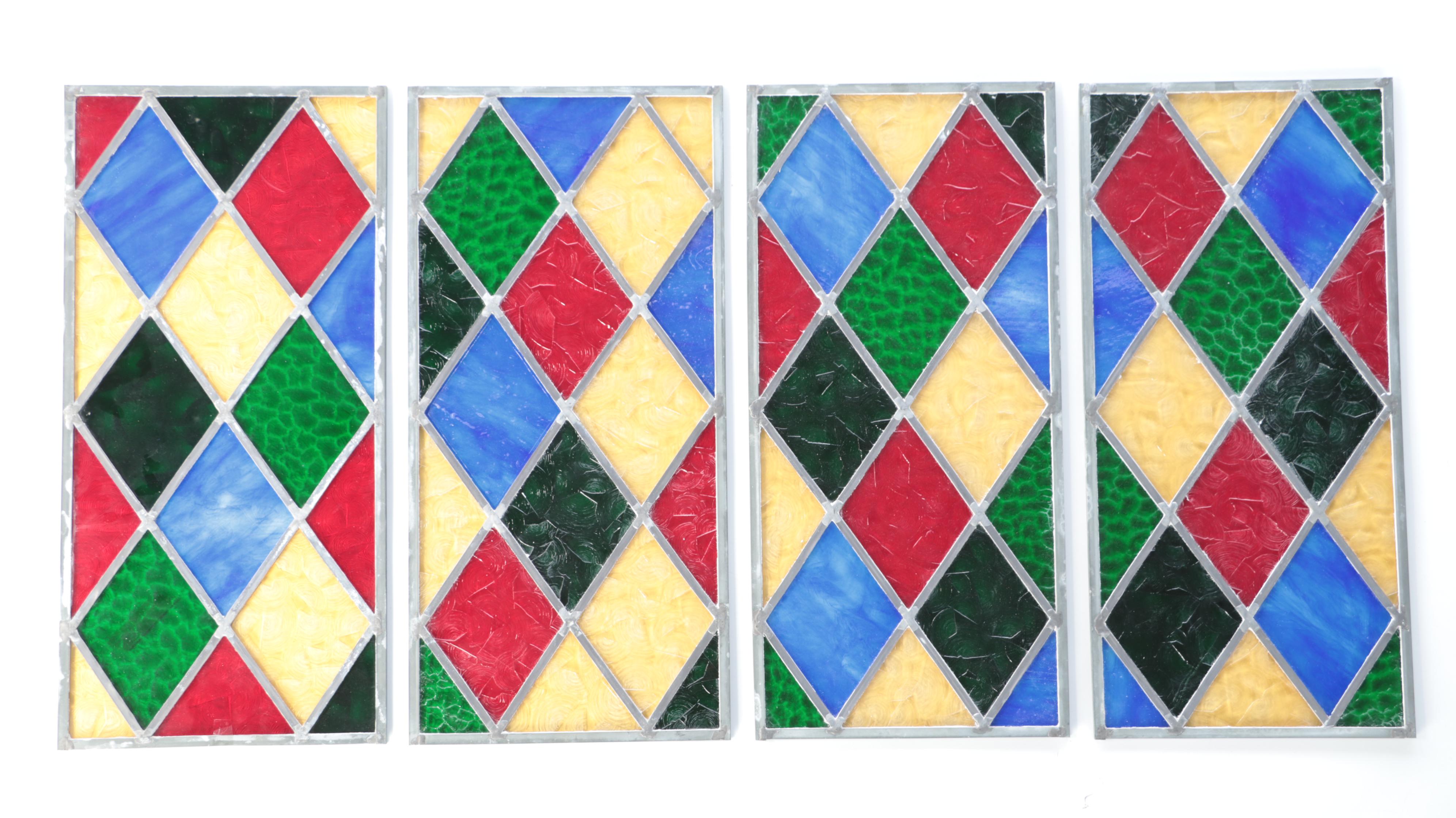 Multicolored Diamond Pattern Stained Glass Window Panels, Mid to Late 20th C.