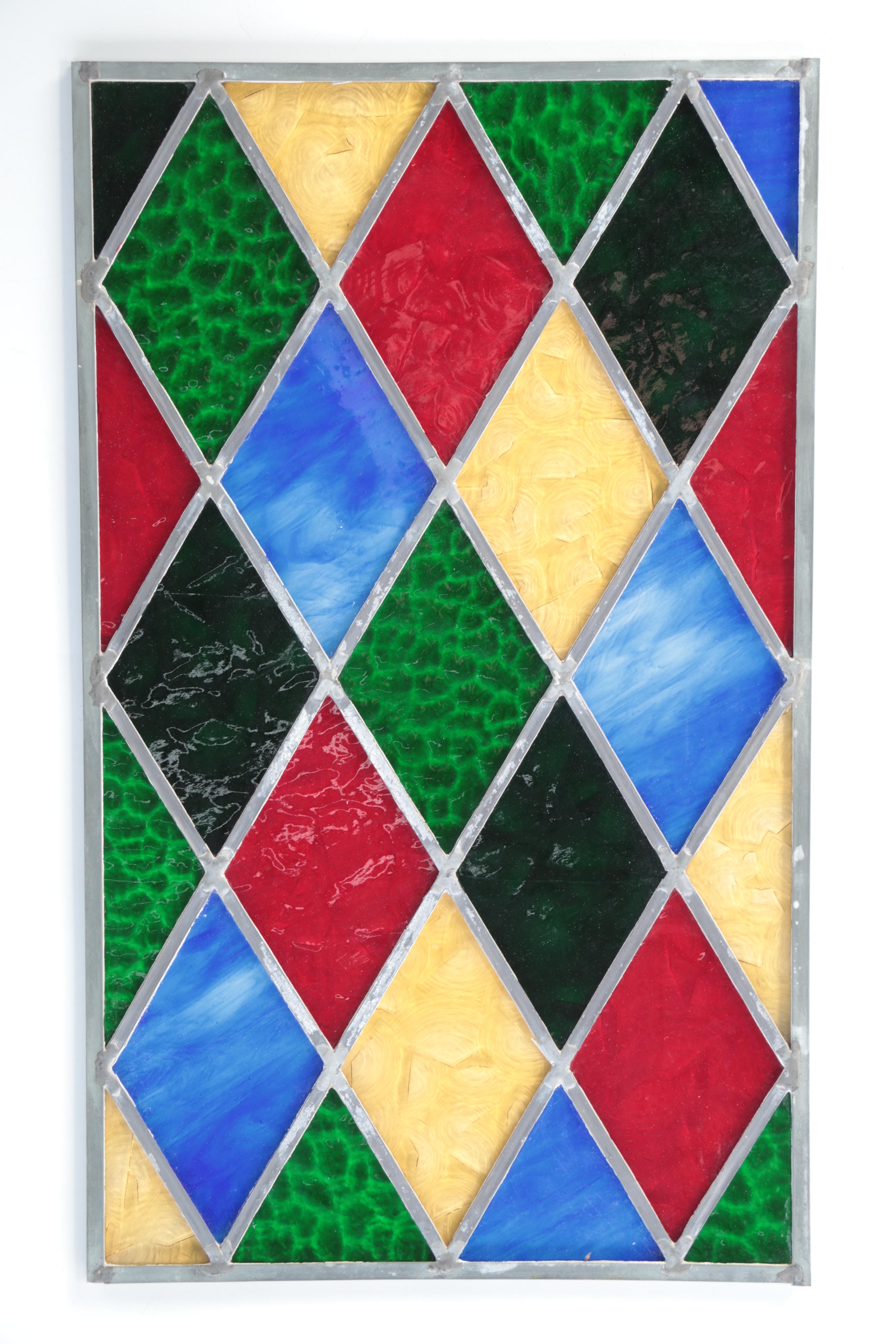 Multicolored Diamond Pattern Stained Glass Window Panels, Mid to Late 20th C.