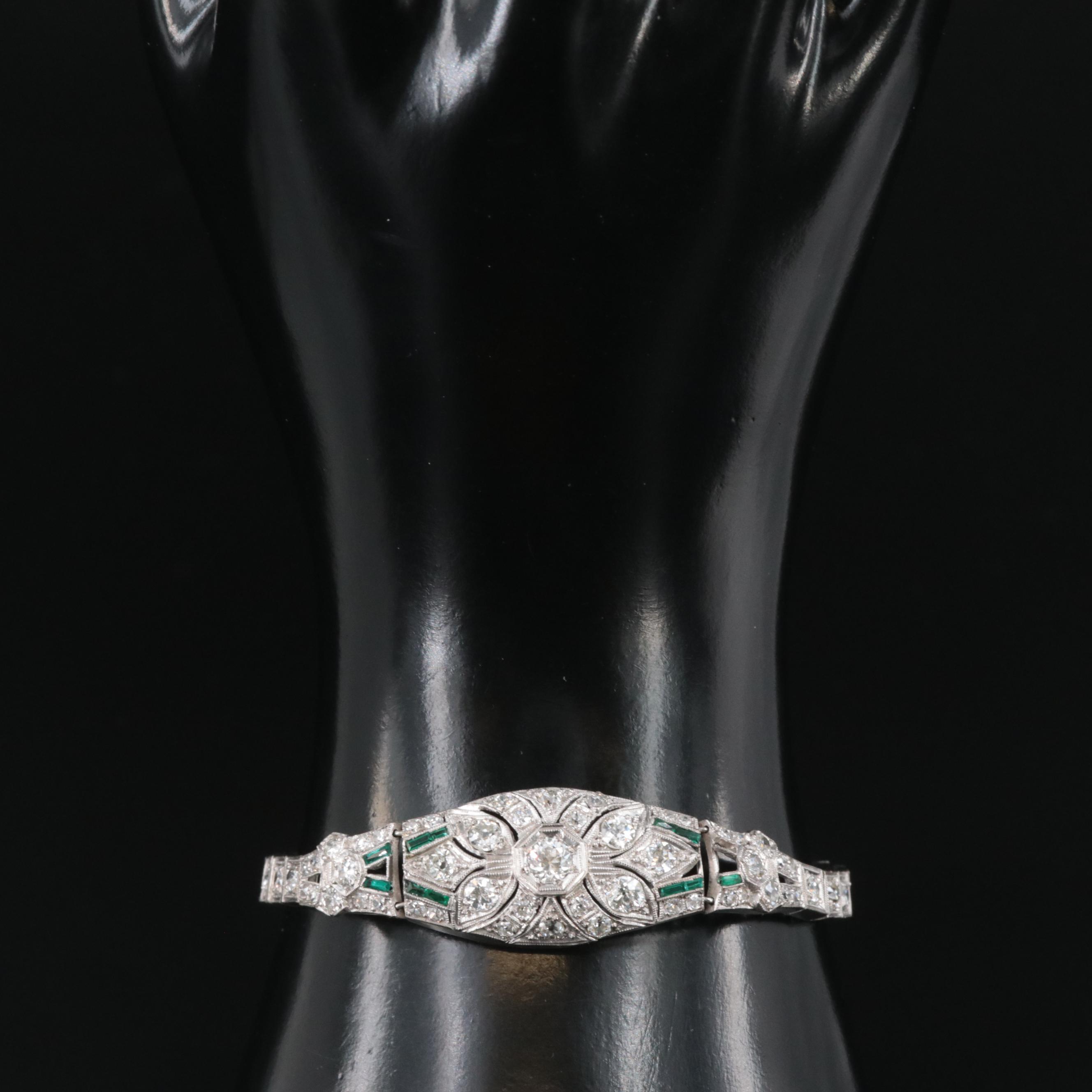 Art Deco 18K 4.71 CTW Diamond and Imitation Emerald Bracelet
