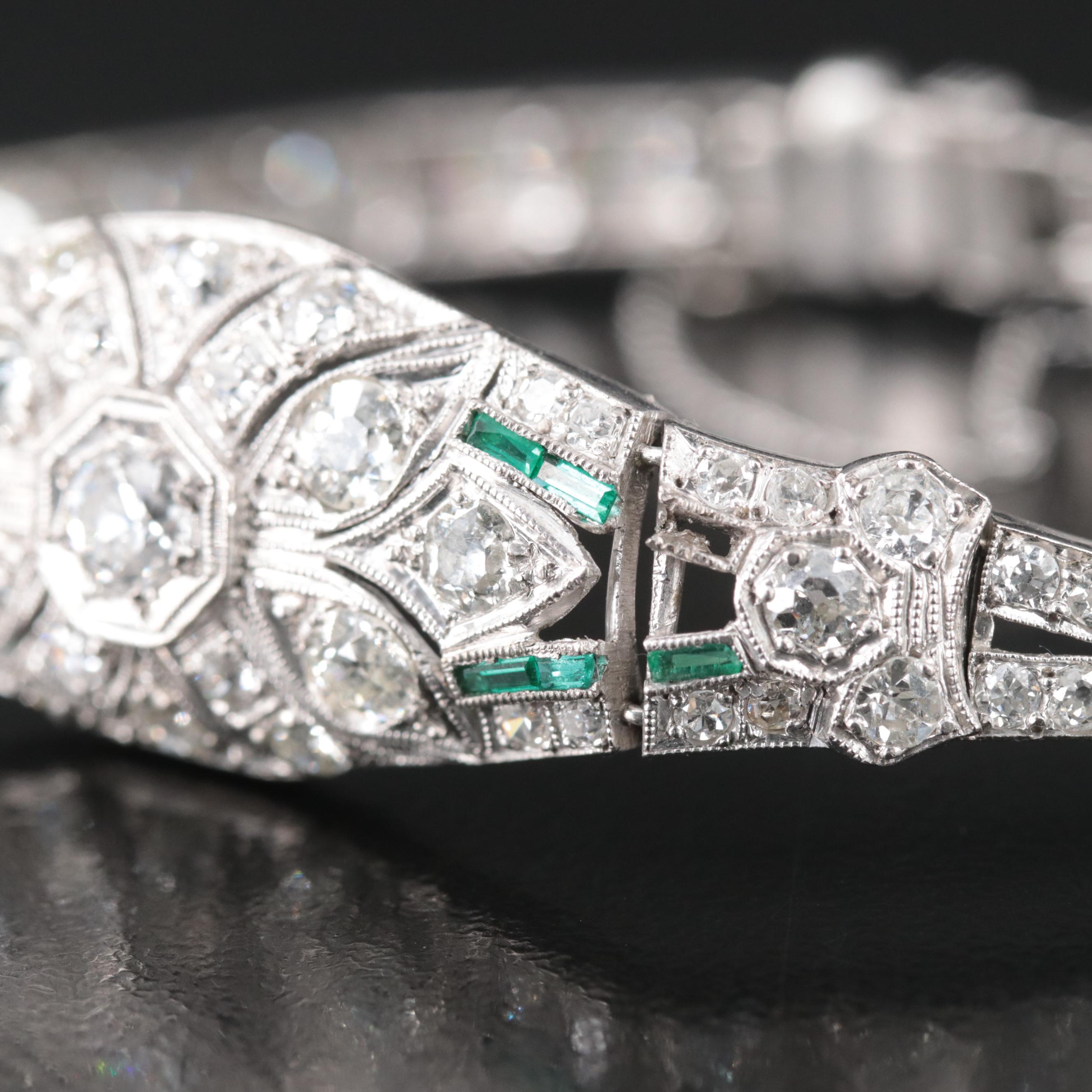 Art Deco 18K 4.71 CTW Diamond and Imitation Emerald Bracelet
