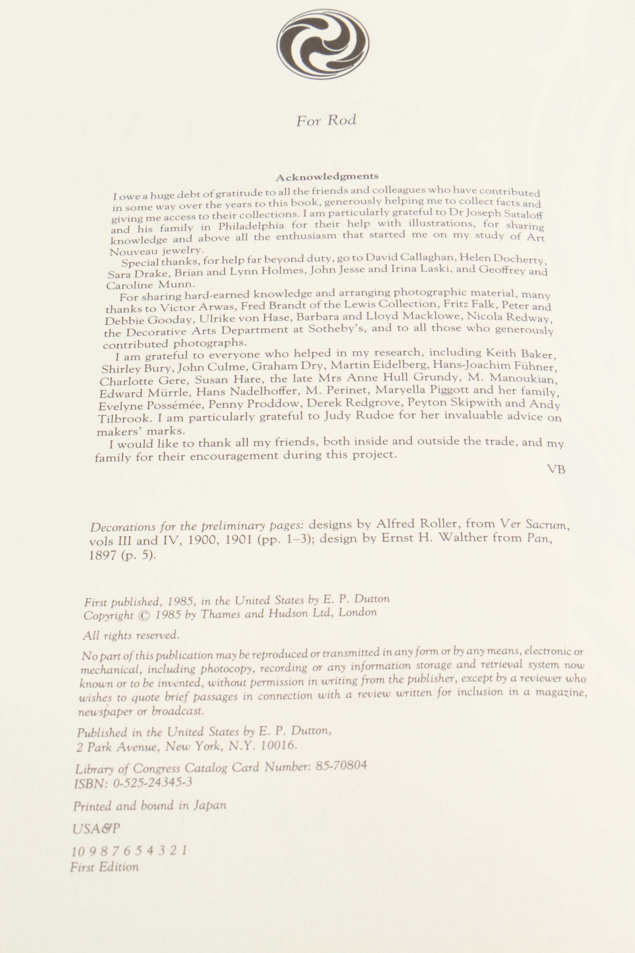 First Edition "Art Nouveau Jewelry" by Vivienne Becker and More Books