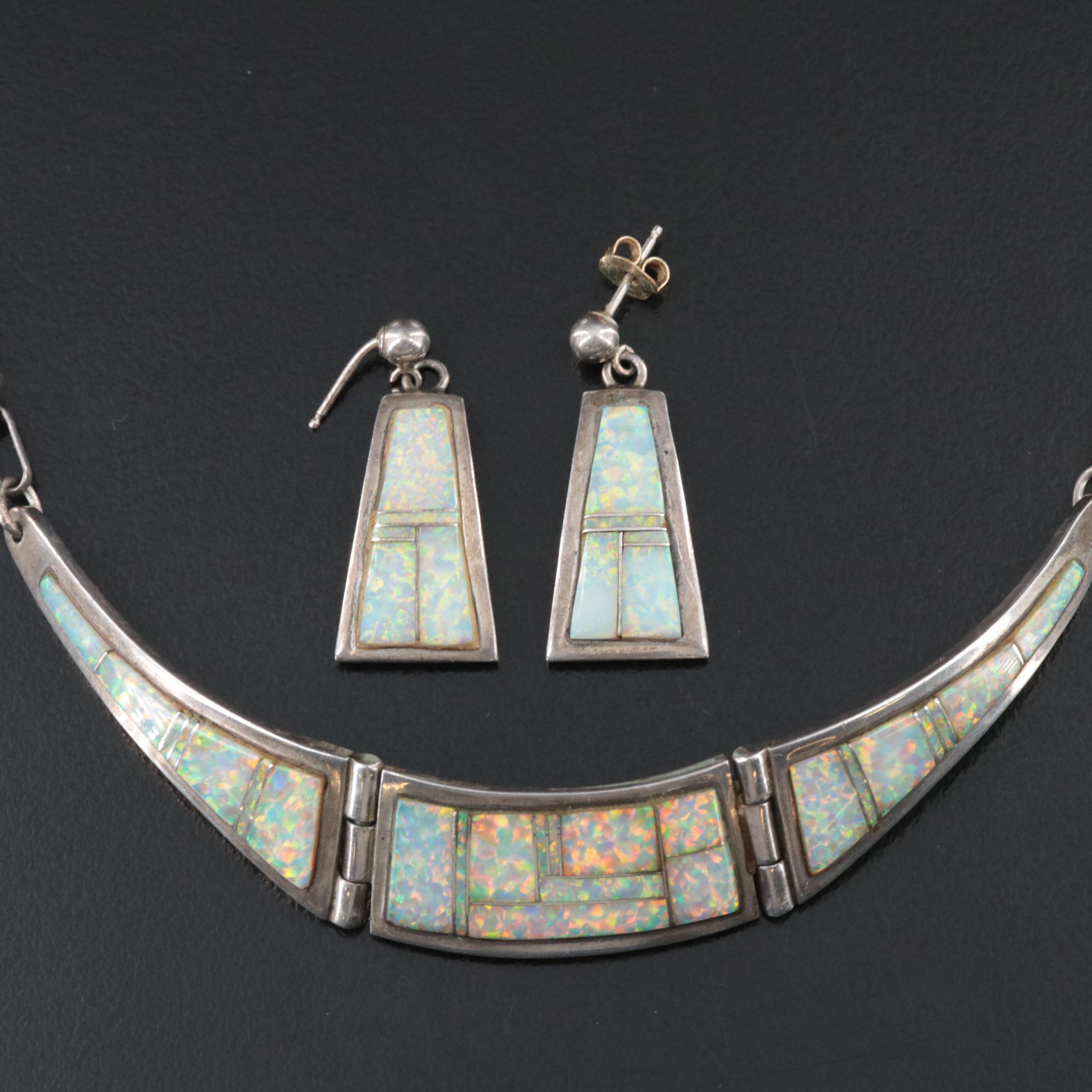 Jimmy Secatero Navajo Diné Sterling Opal Inlay Necklace and Earring Set
