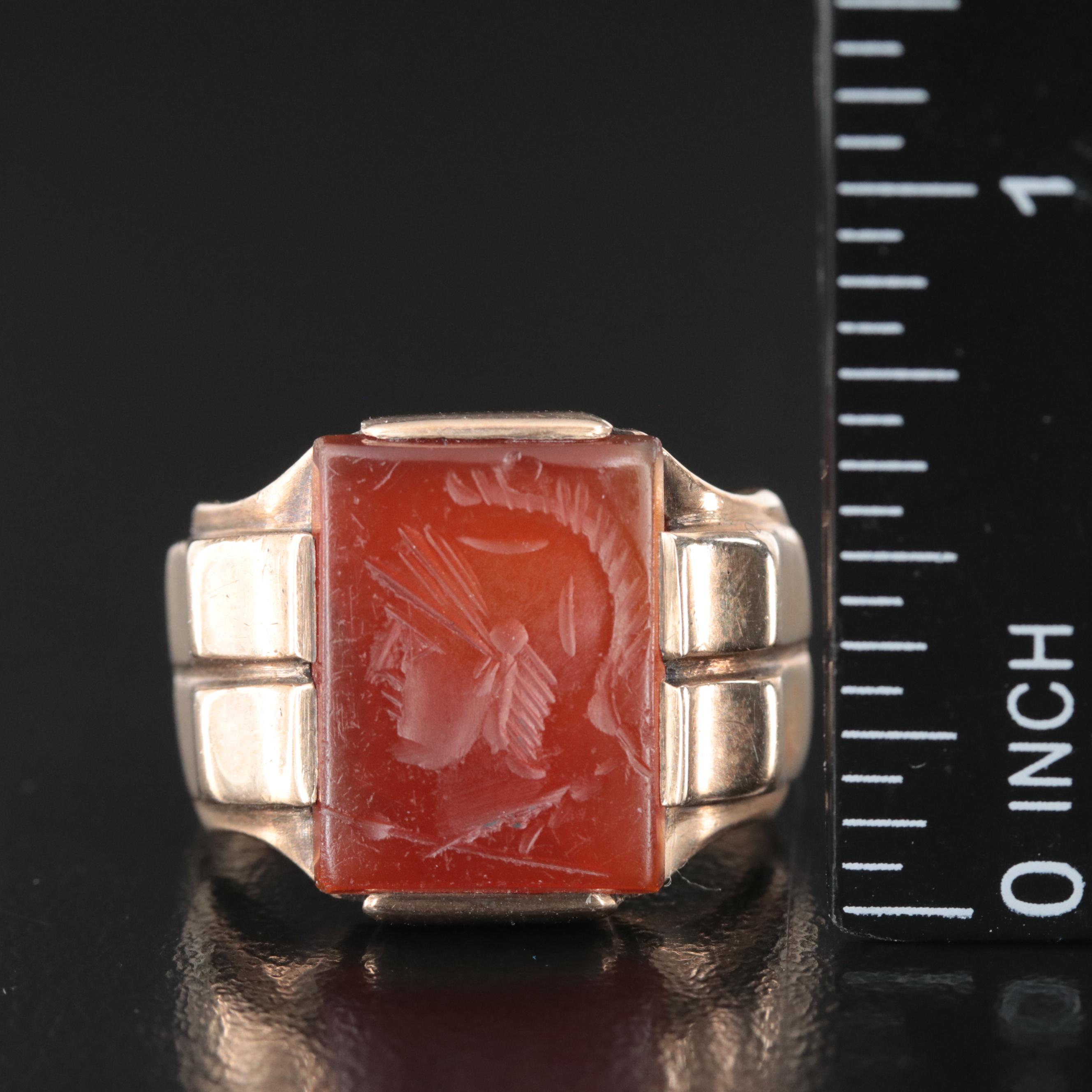 Retro 10K Carnelian Roman Soldier Intaglio Ring