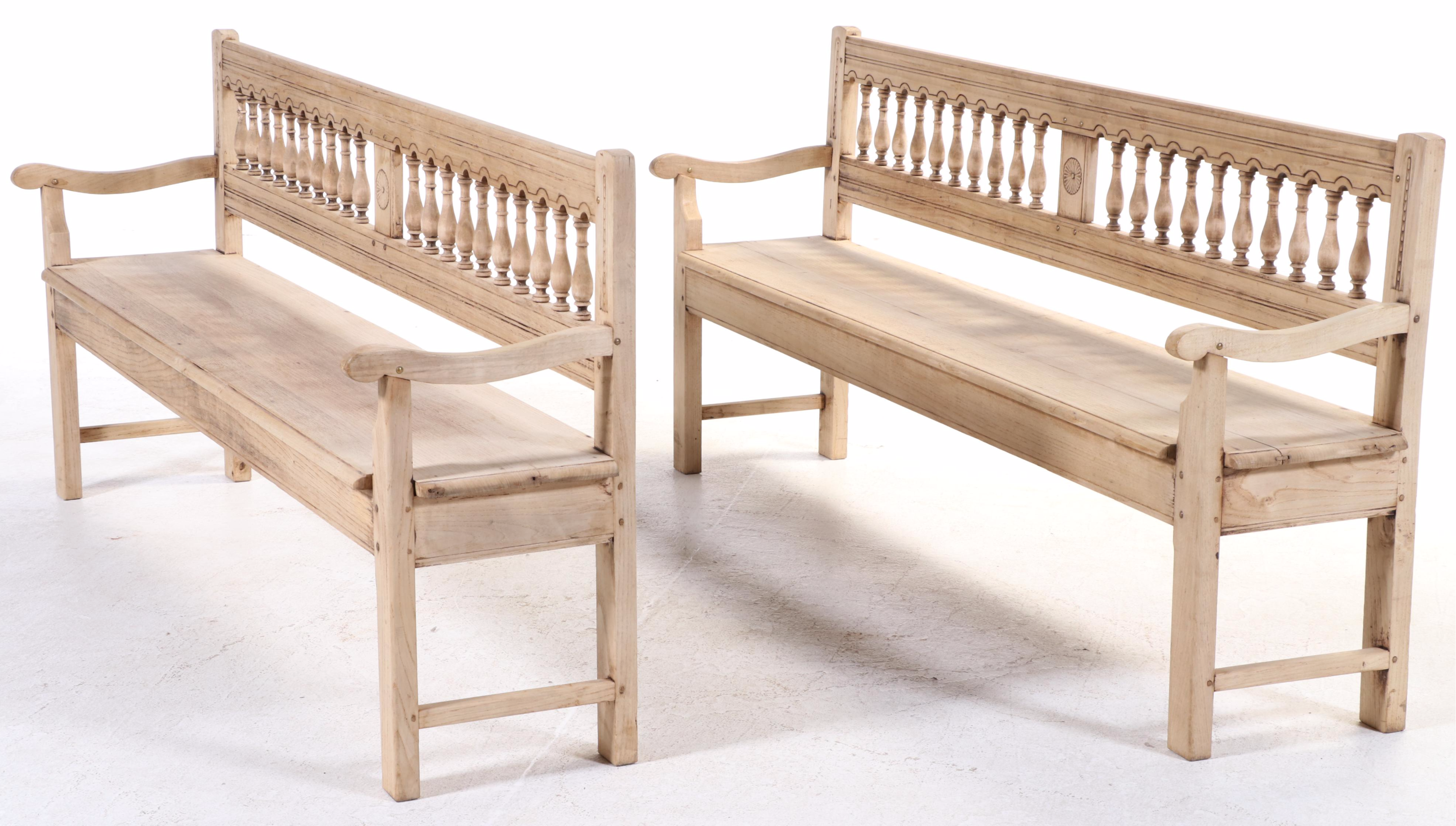 Pair of French Bleached Oak Colonnade-Back Benches, Late 19th Century