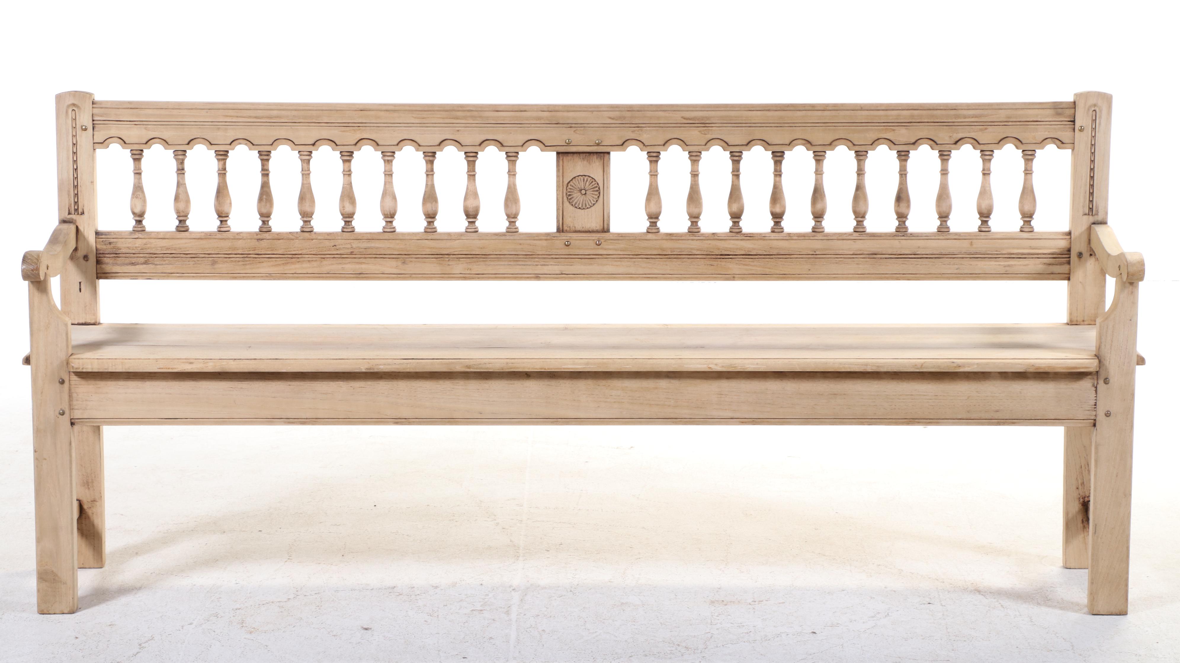 Pair of French Bleached Oak Colonnade-Back Benches, Late 19th Century