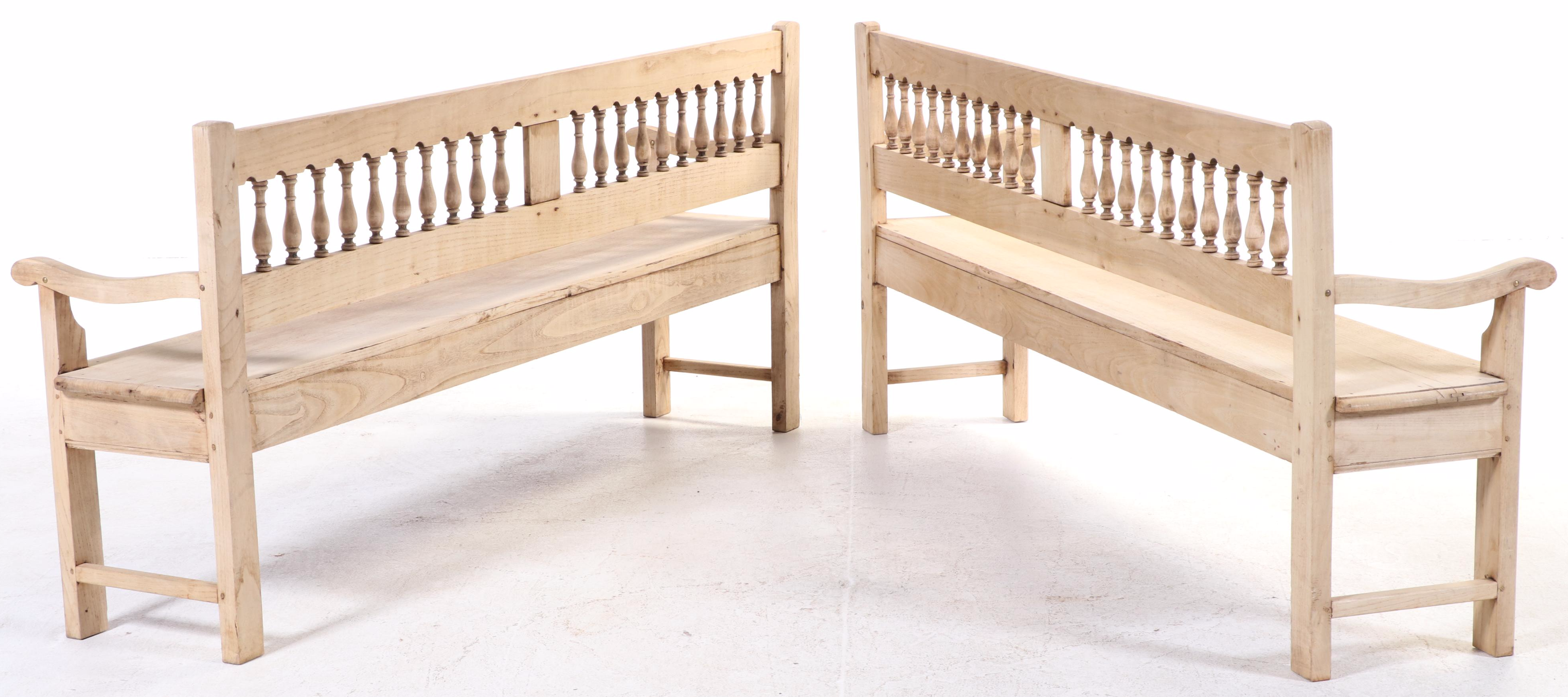 Pair of French Bleached Oak Colonnade-Back Benches, Late 19th Century