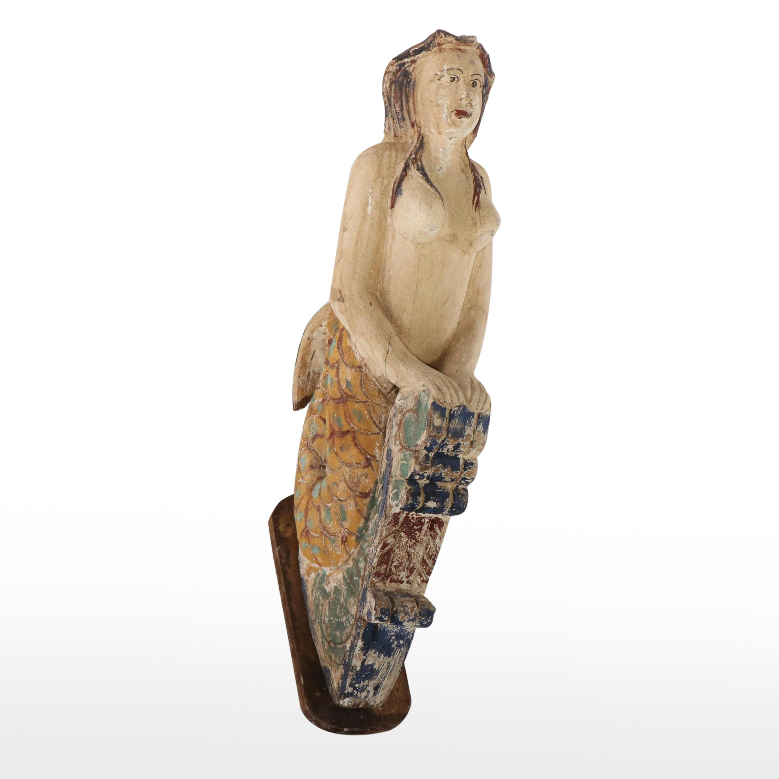 Carved Polychrome Wood Figurehead Style Mermaid